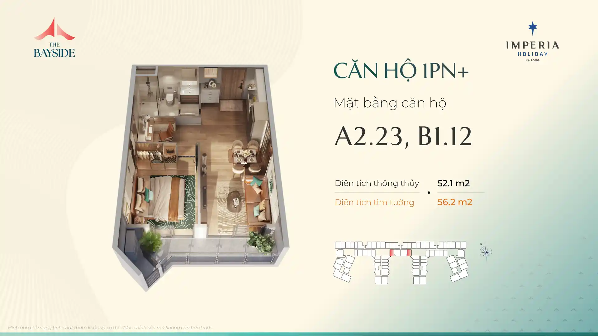Mặt bằng căn hộ 1PN+ mẫu A223 Imperia Holiday Hạ Long