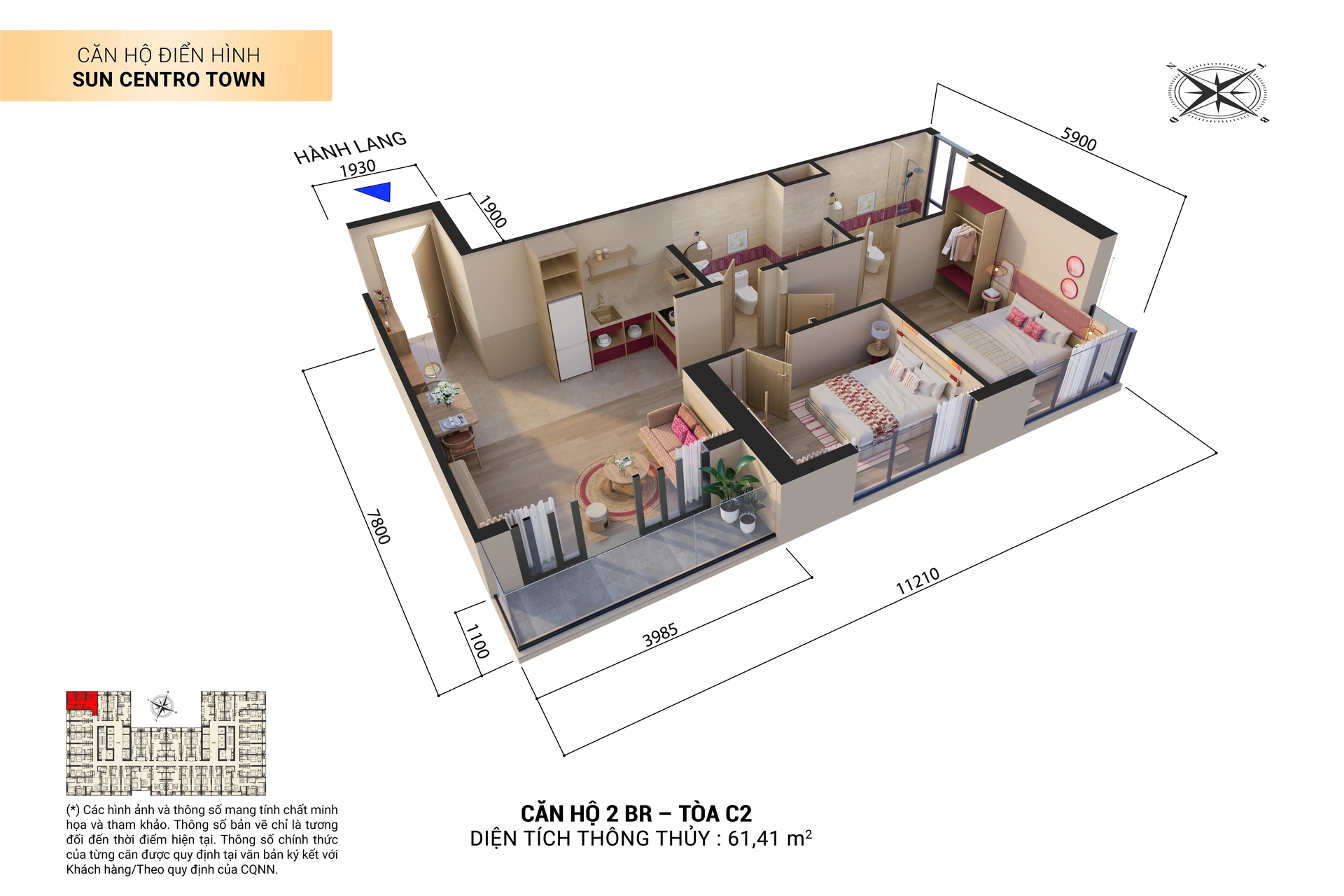 Thiết kế 3D căn hộ 2BR Sun Centro Town Hạ Long
