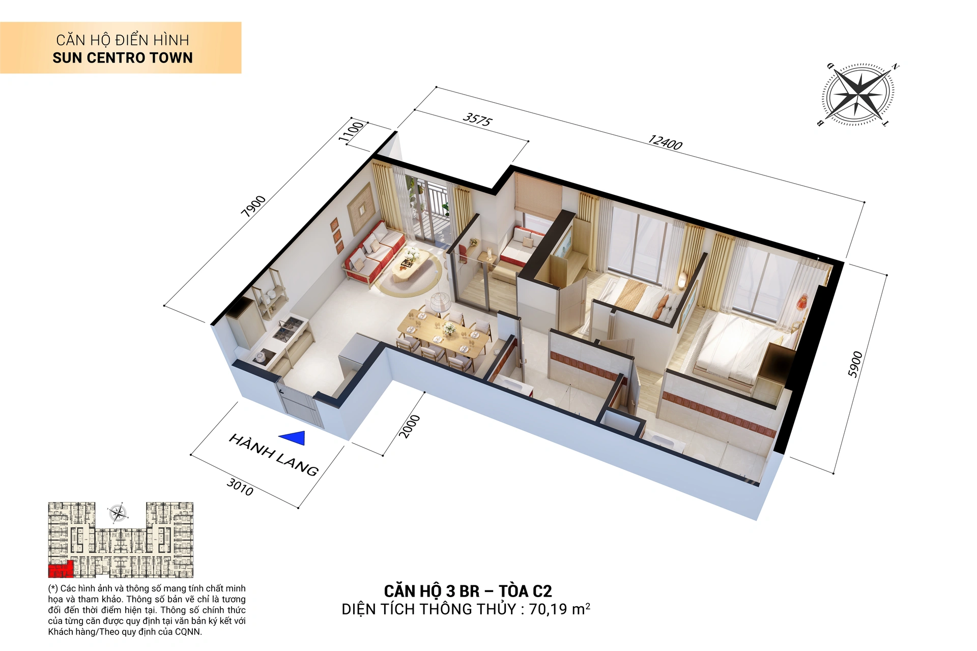 Thiết kế 3D căn hộ 3BR Sun Centro Town Hạ Long
