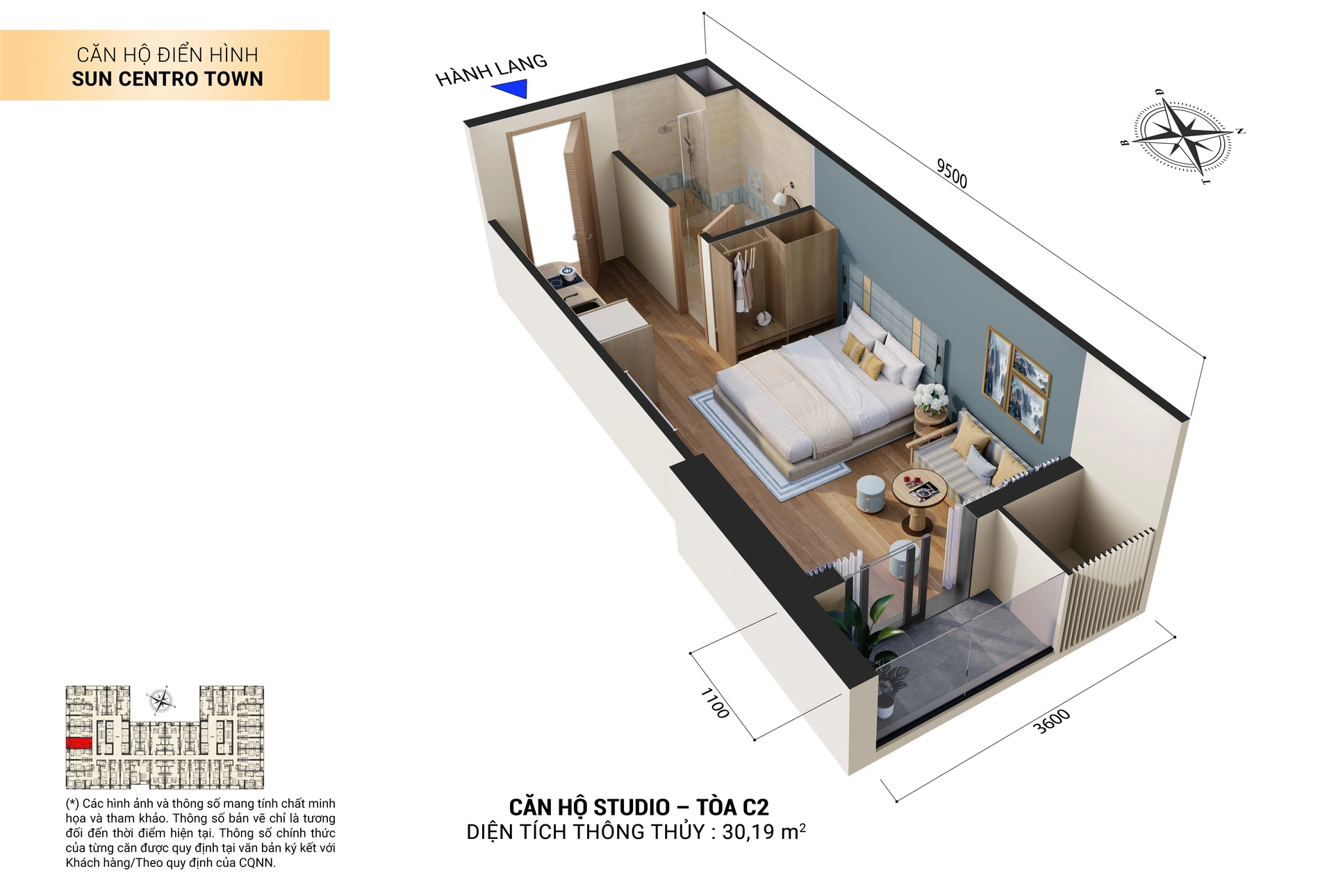Thiết kế 3D căn hộ Studio Sun Centro Town Hạ Long