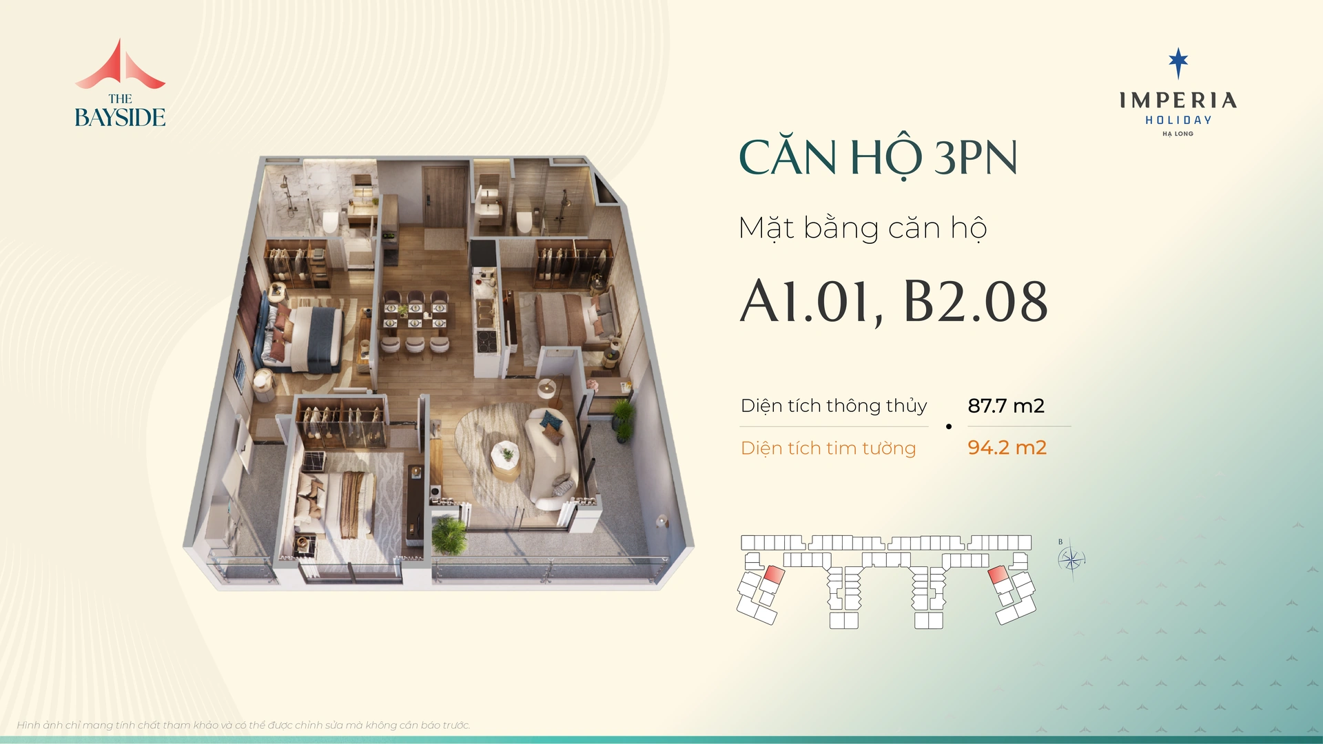 Mặt bằng căn hộ 3PN mẫu A101 Imperia Holiday Hạ Long, diện tích thông thủy