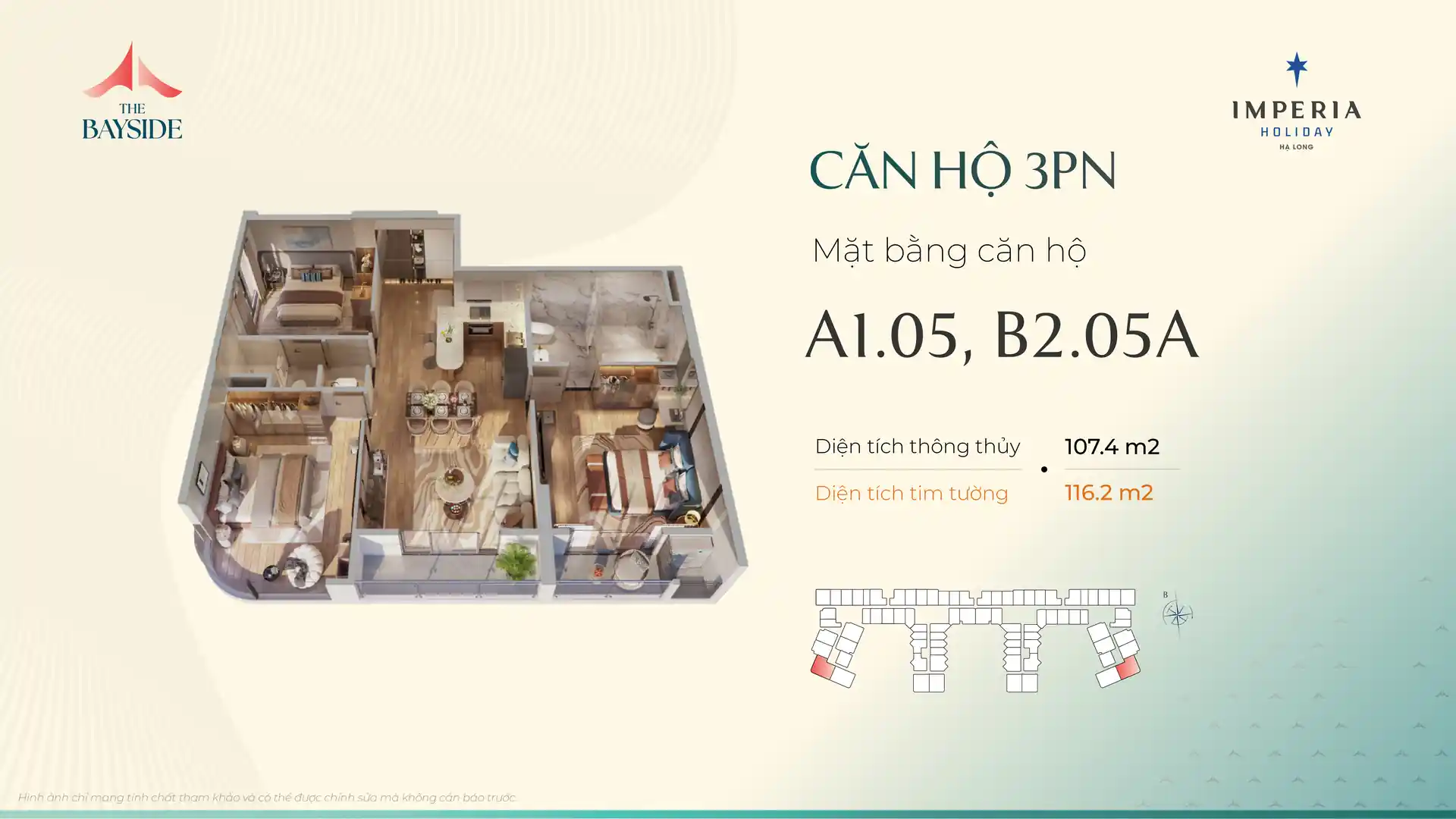 Mặt bằng căn hộ 3PN mẫu A105 Imperia Holiday Hạ Long hướng Vịnh