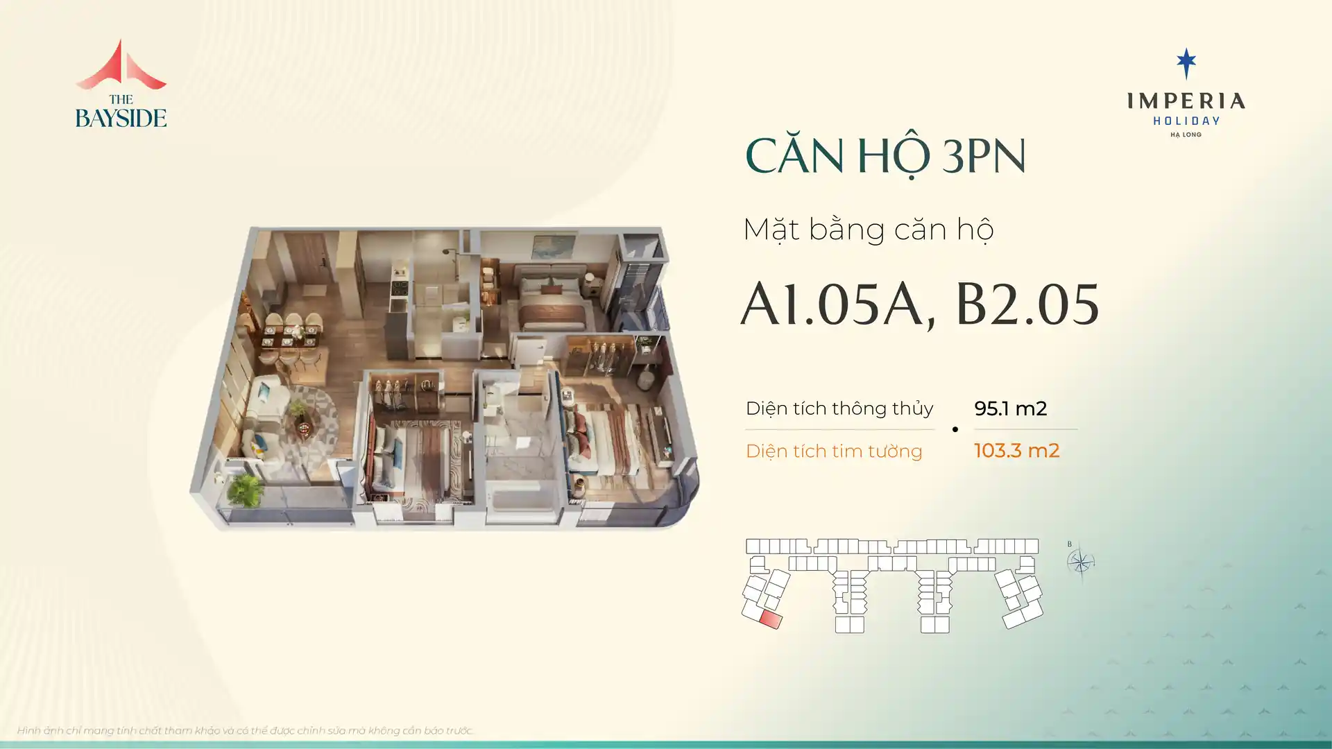 Mặt bằng căn hộ 3PN mẫu A105A Imperia Holiday Hạ Long
