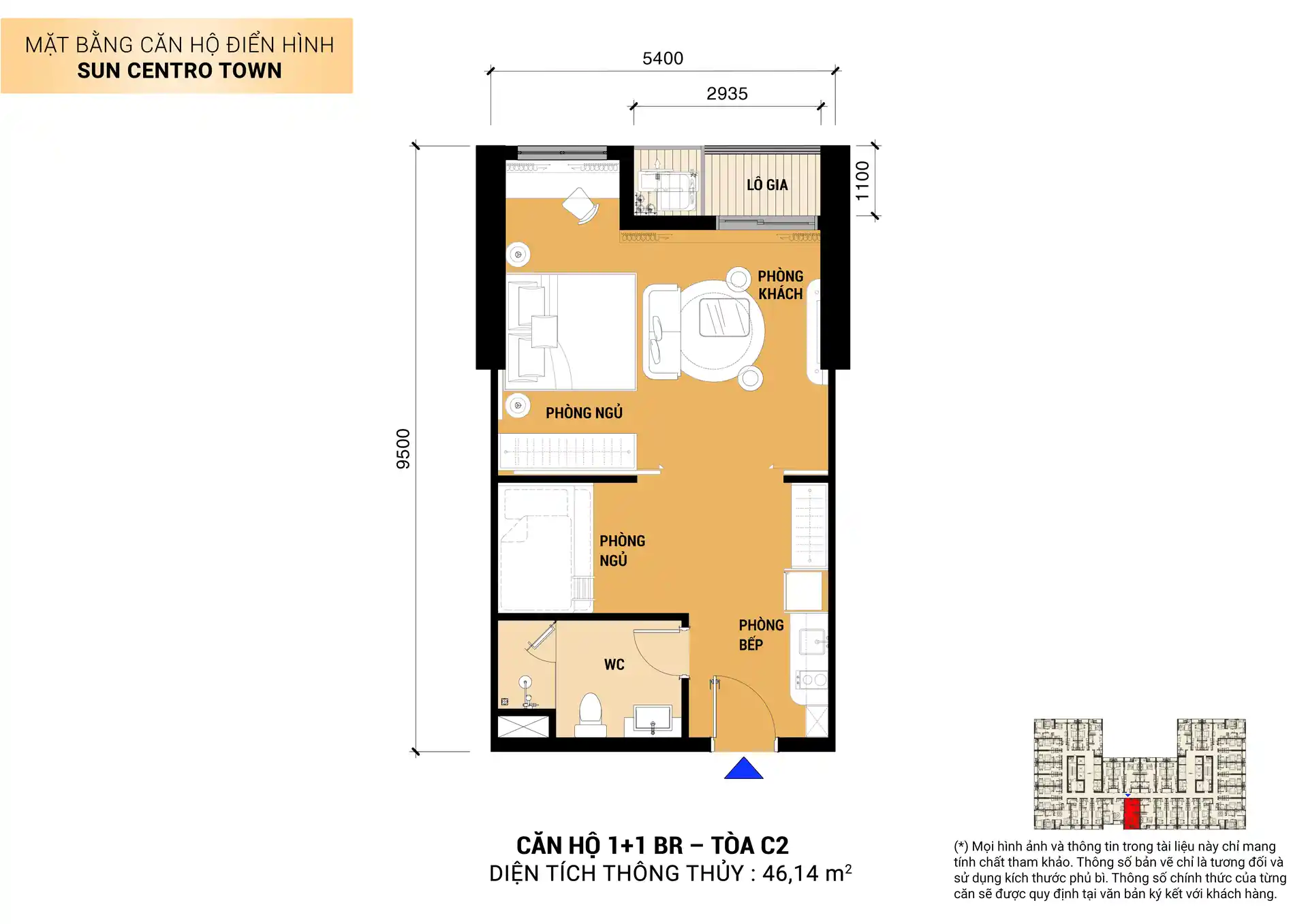 Mặt bằng 2D căn hộ 1BR+1 Sun Centro Town Hạ Long