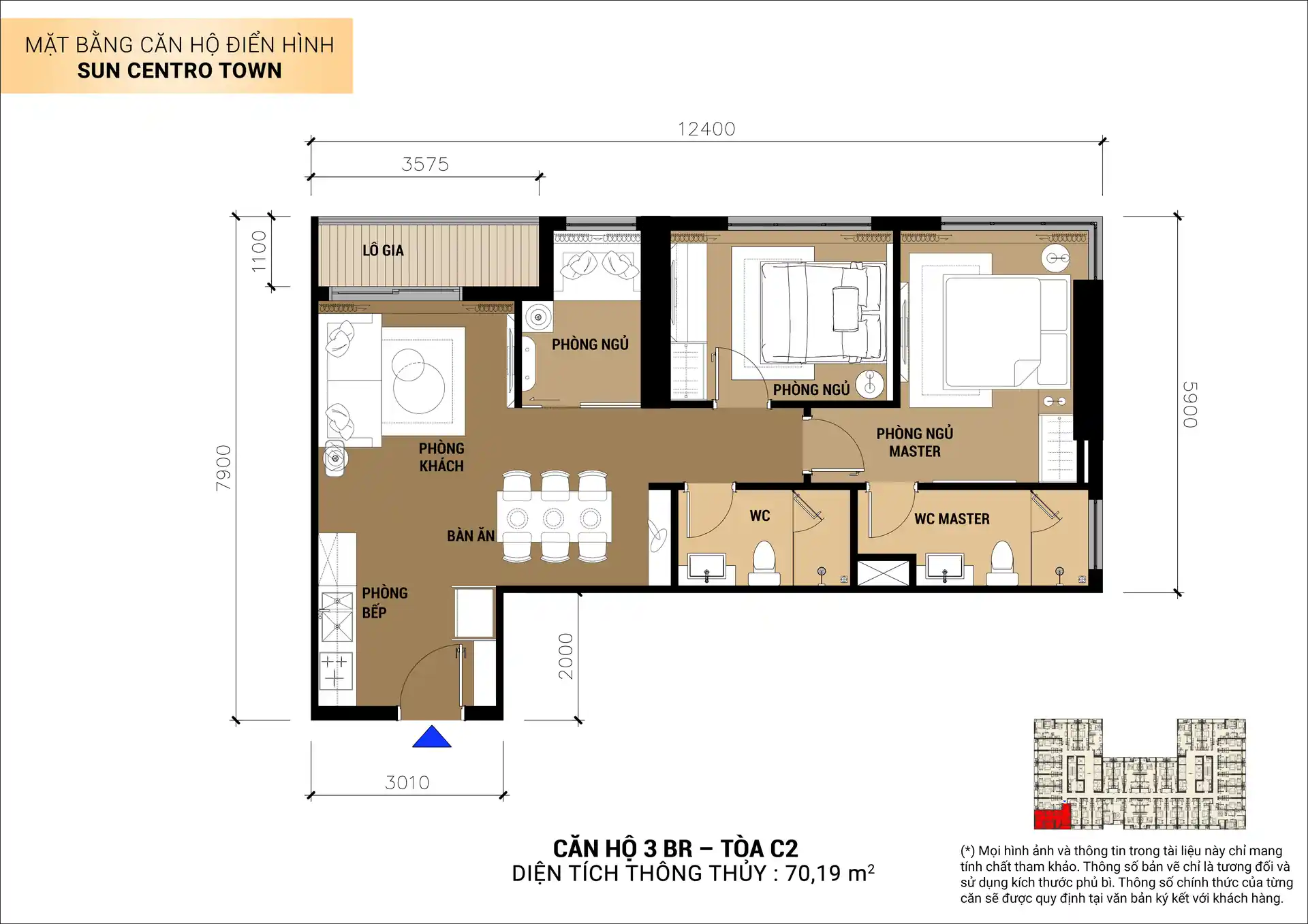 Mặt bằng 2D căn hộ 3BR Sun Centro Town Hạ Long