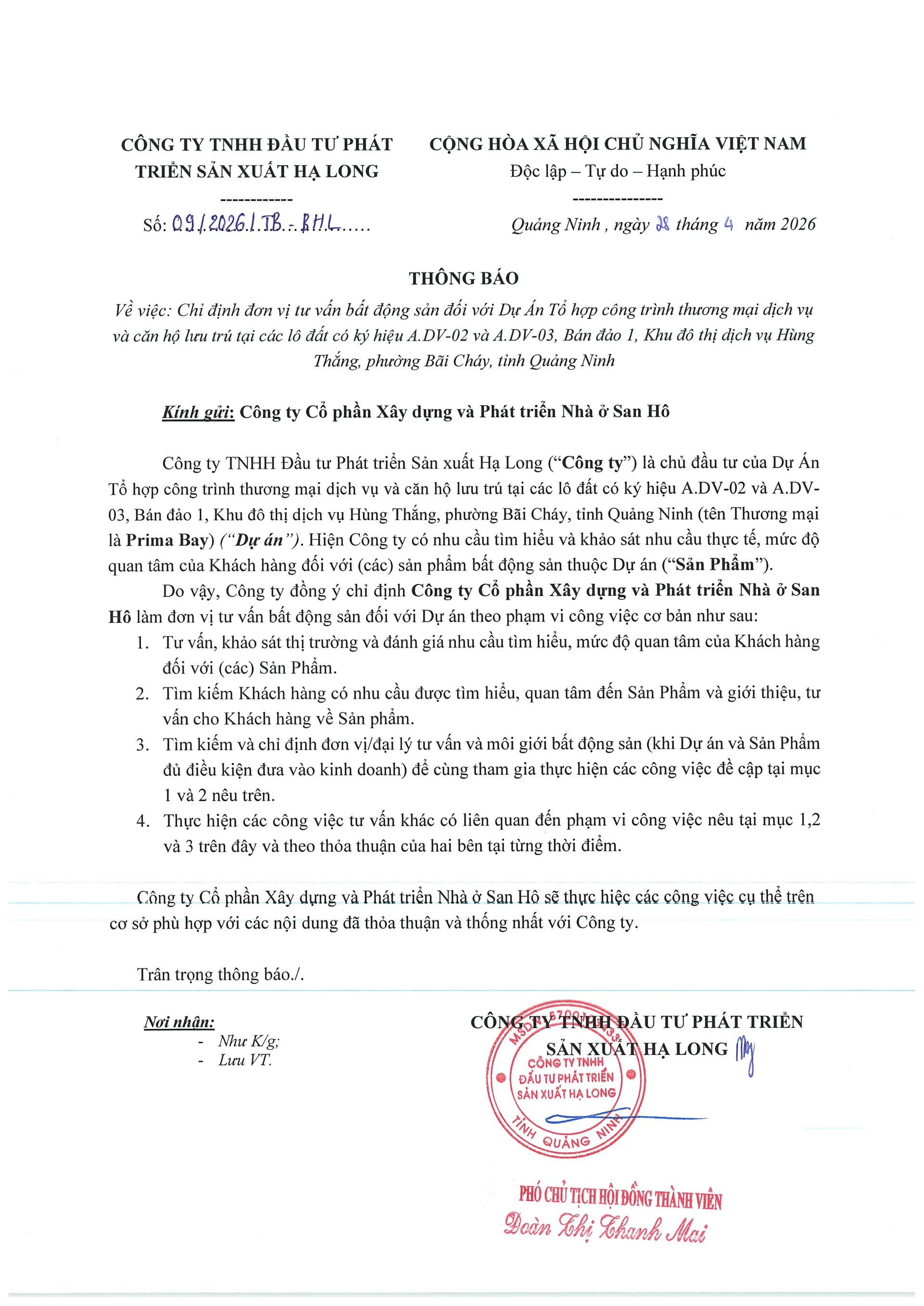 Văn bản chủ đầu tư chỉ định Công ty Cổ phần Xây dựng và Phát triển Nhà ở San Hô làm đơn vị tư vấn bất động sản dự án Prima Bay Hạ Long