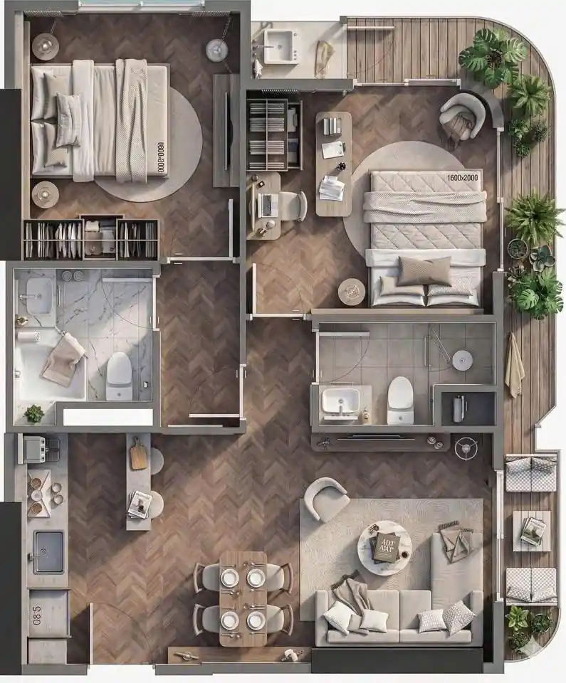 Mặt bằng 3D căn hộ 2 phòng ngủ góc 2WC Prima Bay Hạ Long diện tích 66-72m2
