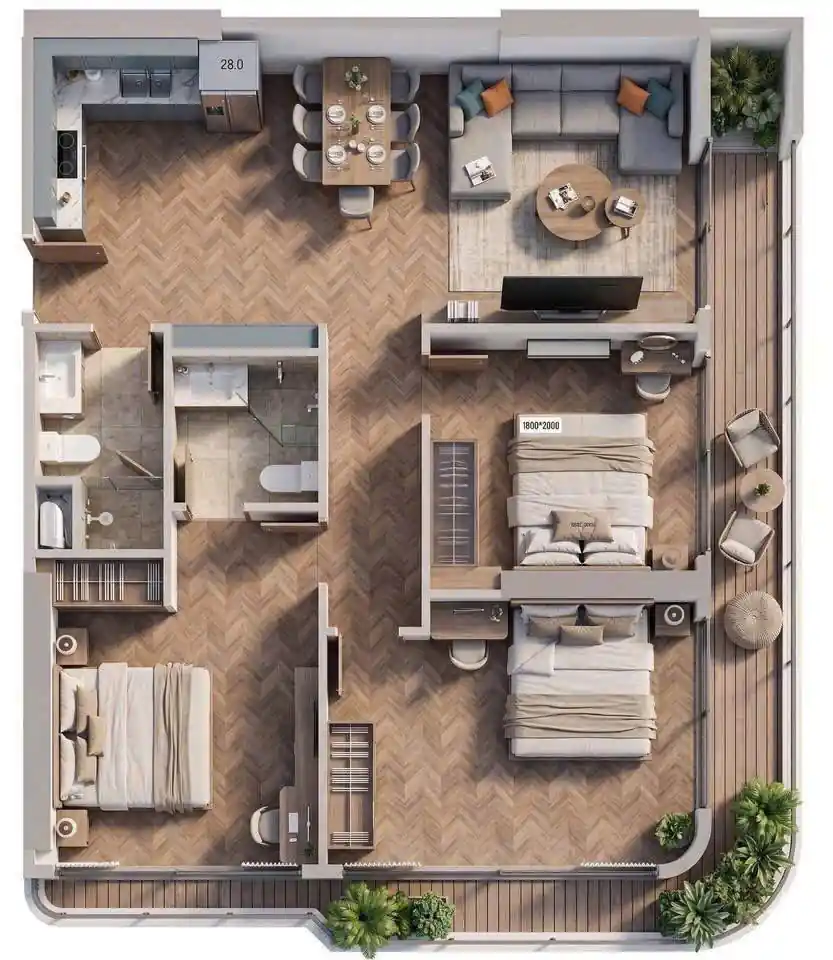 Mặt bằng 3D căn hộ 3 phòng ngủ Prima Bay Hạ Long diện tích 103m2