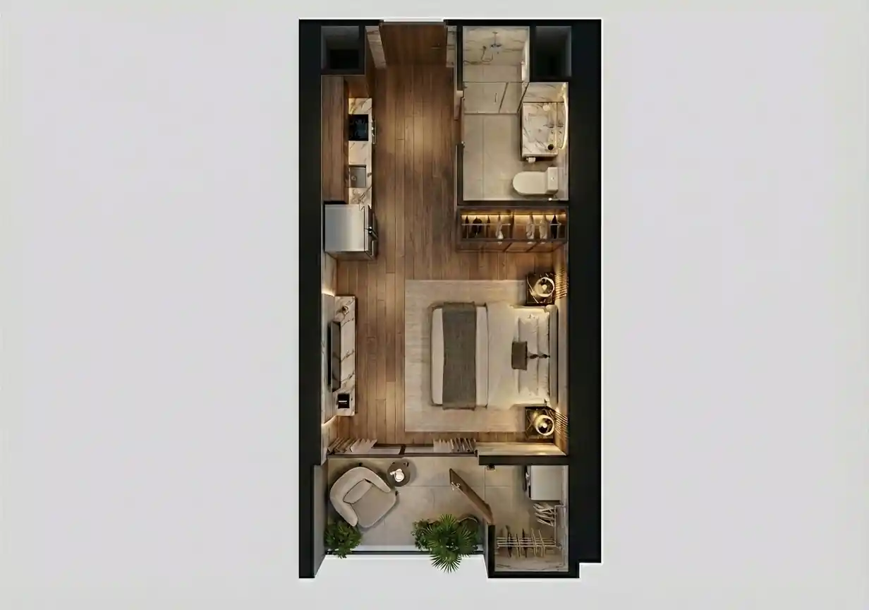 Mặt bằng 3D thiết kế chi tiết căn hộ Studio Aria Bay Hạ Long