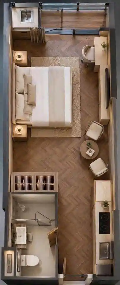 Mặt bằng 3D căn hộ Studio Prima Bay Hạ Long thể hiện bố trí khu ngủ, bếp, phòng khách và ban công