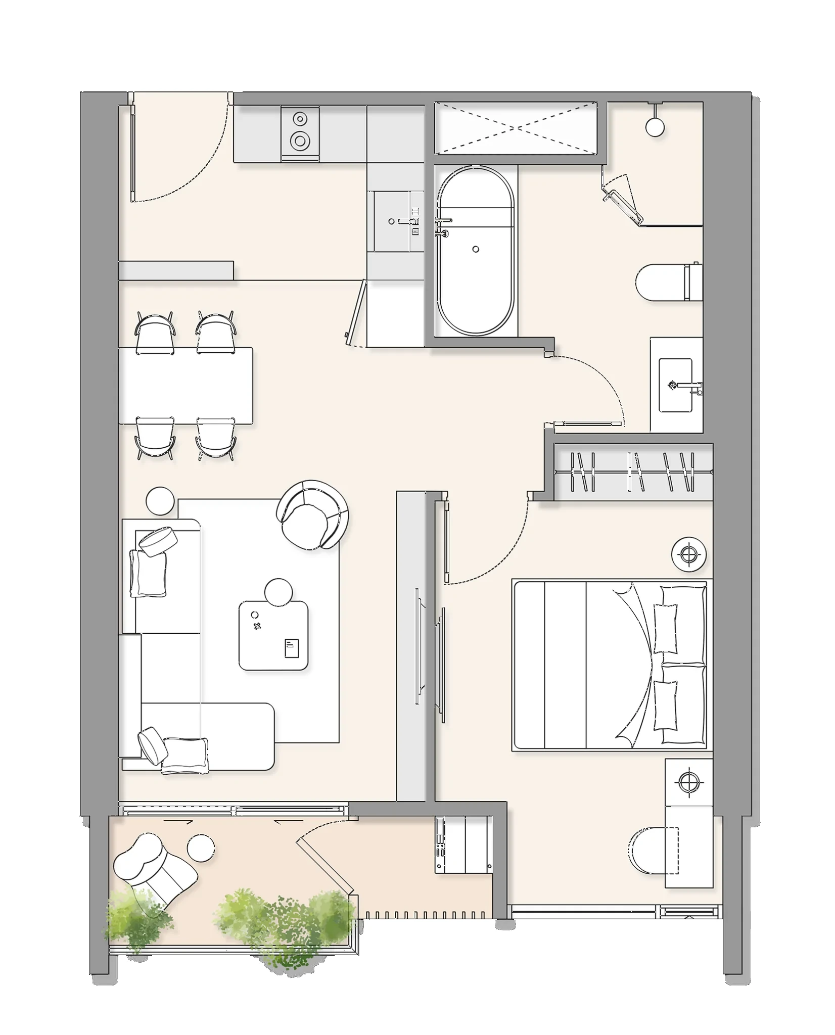 Thiết kế mặt bằng Căn 1PN (01) diện tích 47 - 50 m2 dự án Aria Bay Hạ Long
