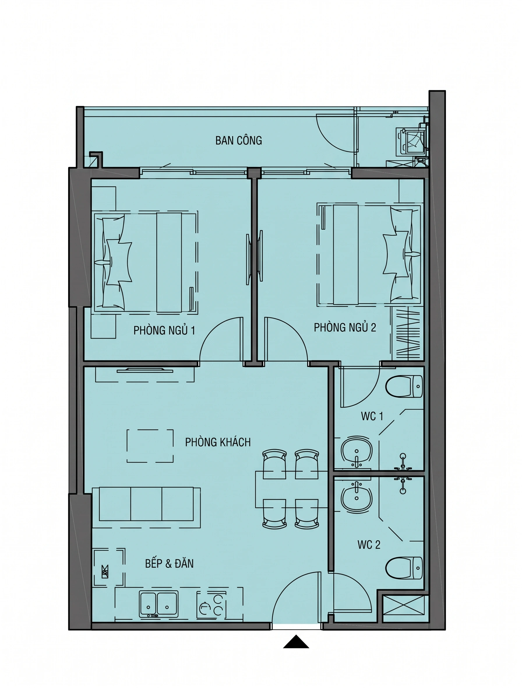 Thiết kế căn hộ 2 phòng ngủ thường Prima Bay Hạ Long diện tích 58m2