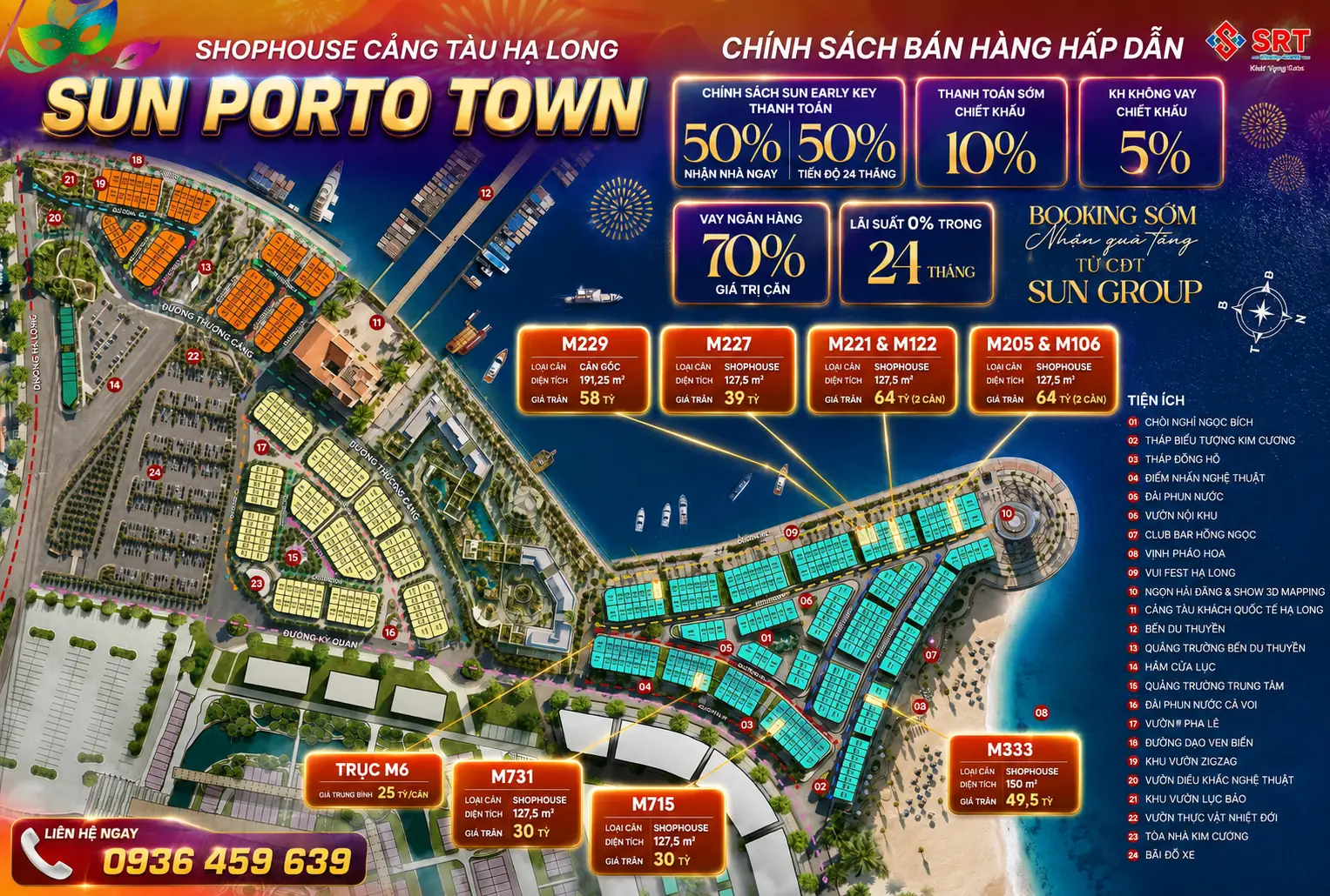 Vị trí và khoảng giá các dãy shophouse Sun Porto Town mặt cảng, mặt biển, Kỳ Quan Mặt bằng đánh dấu giá shophouse Sun Porto Town theo từng dãy