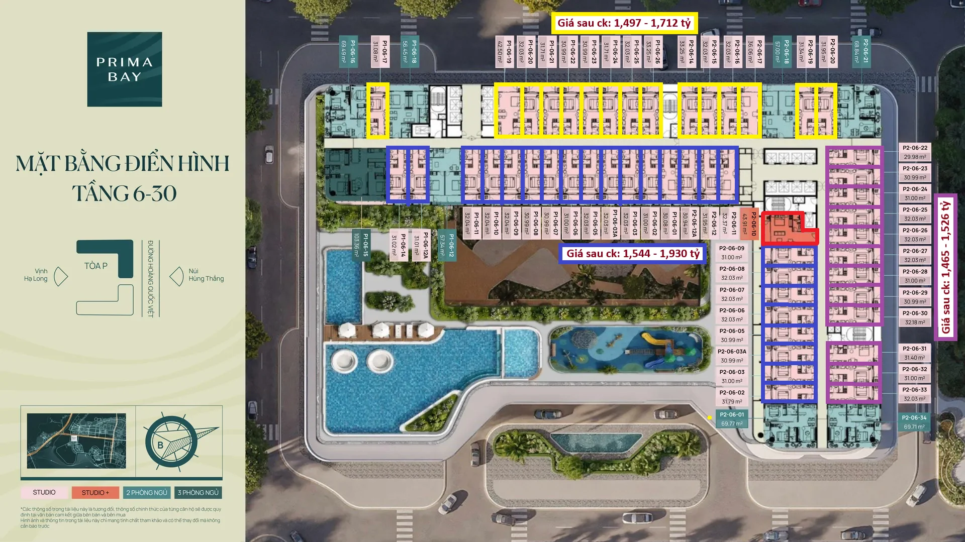 Mặt bằng phân loại giá căn hộ Studio Prima Bay Hạ Long theo hướng view, tháp P khu đô thị Halong Marina