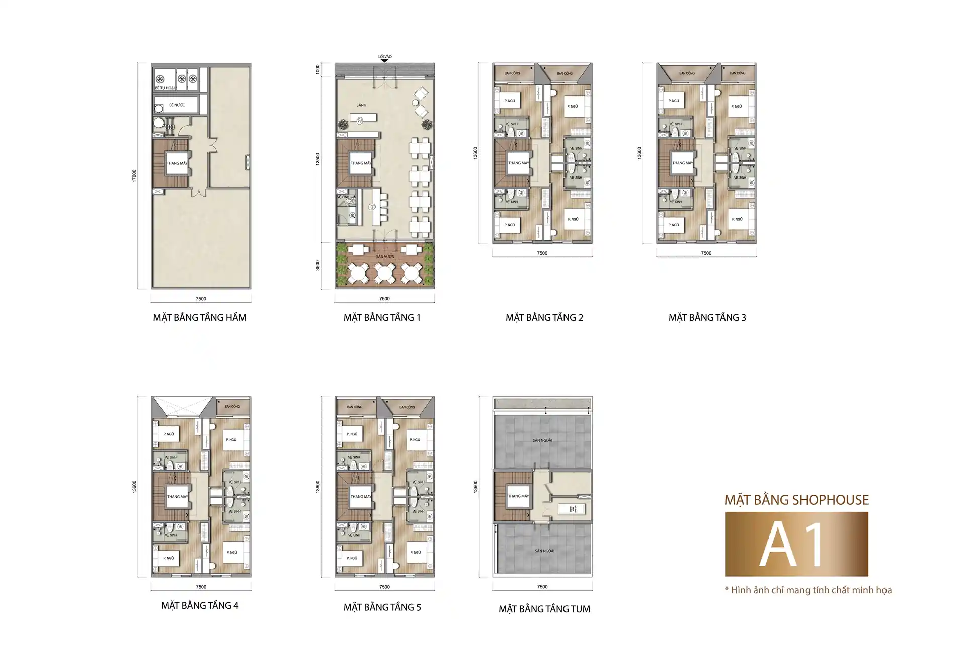 Shophouse Sun Porto Town mẫu A1, tổng thể mặt bằng Mặt bằng tổng thể shophouse Sun Porto Town mẫu A1 127,5 m² dãy kép đối lưng