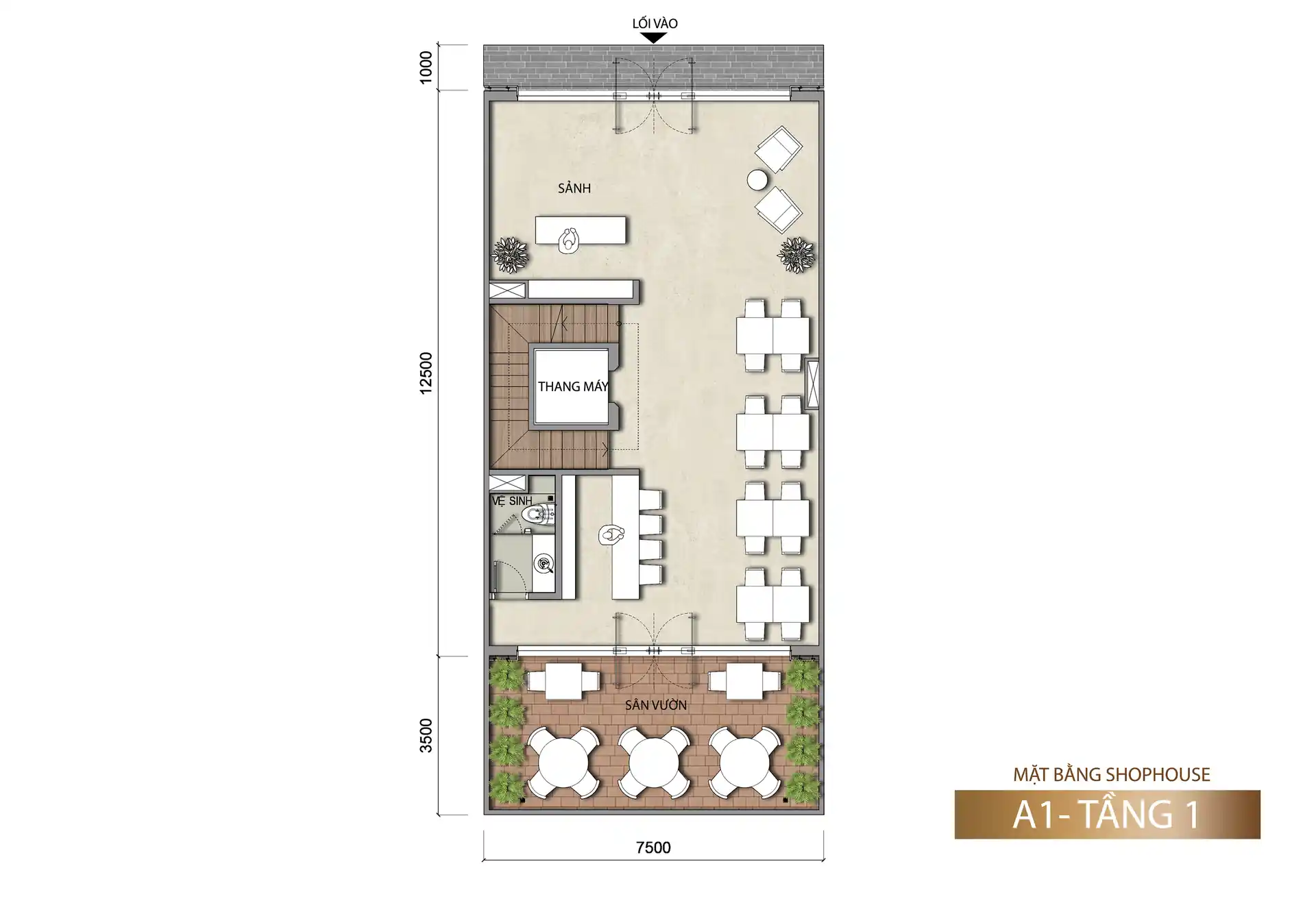 Mặt bằng tầng 1 shophouse Sun Porto Town mẫu A1 127,5 m²