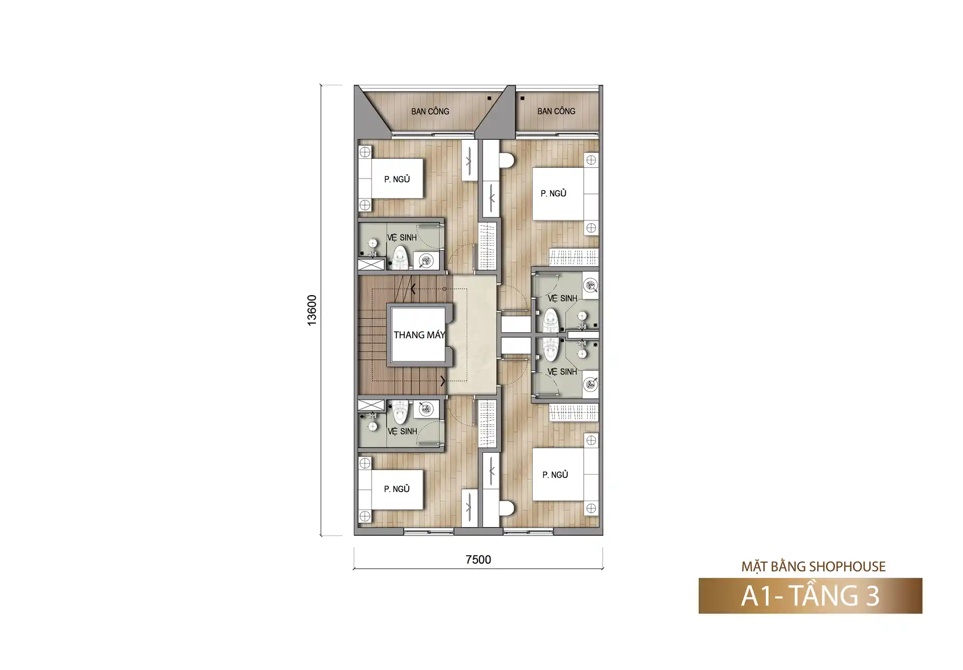 Mặt bằng tầng 3 shophouse Sun Porto Town mẫu A1 127,5 m²