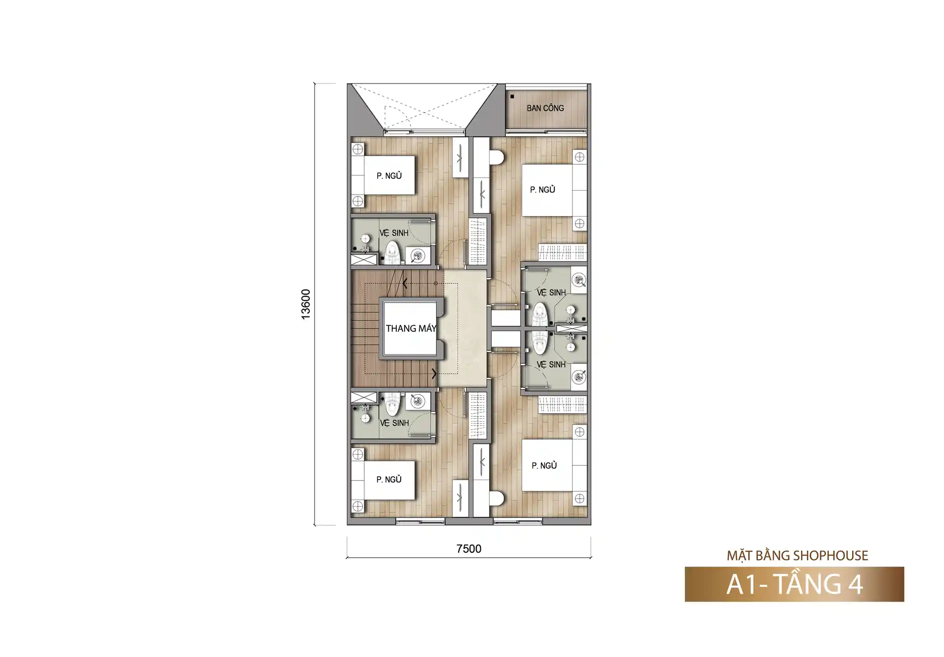 Mặt bằng tầng 4 shophouse Sun Porto Town mẫu A1 127,5 m²