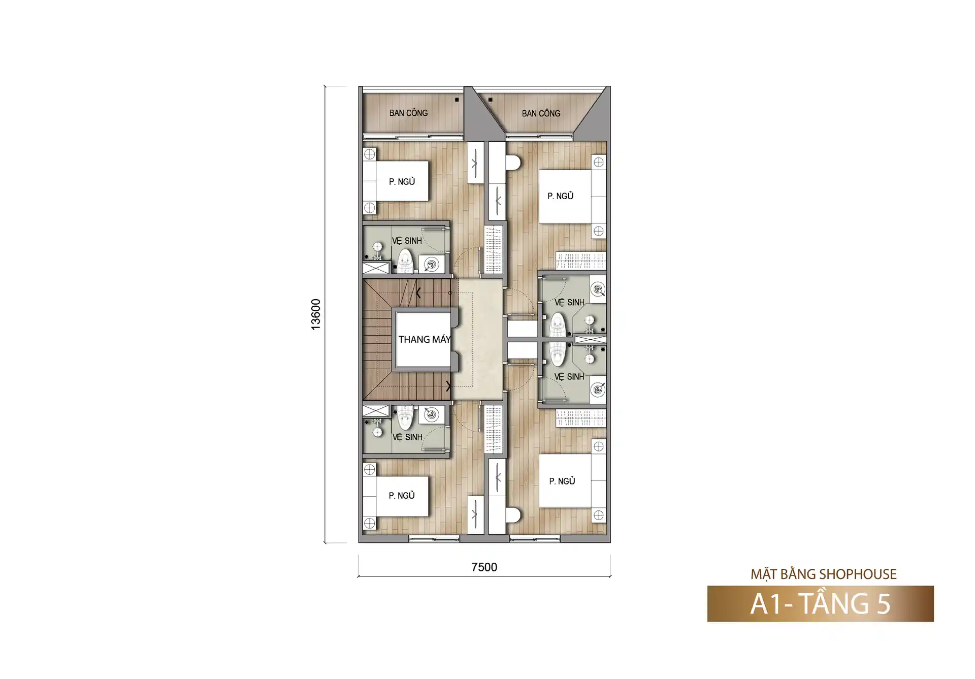 Mặt bằng tầng 5 shophouse Sun Porto Town mẫu A1 127,5 m²
