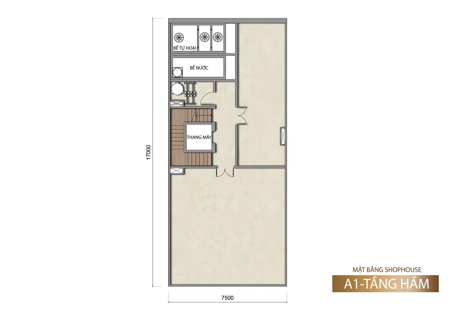 Mặt bằng tầng hầm shophouse Sun Porto Town mẫu A1 127,5 m²