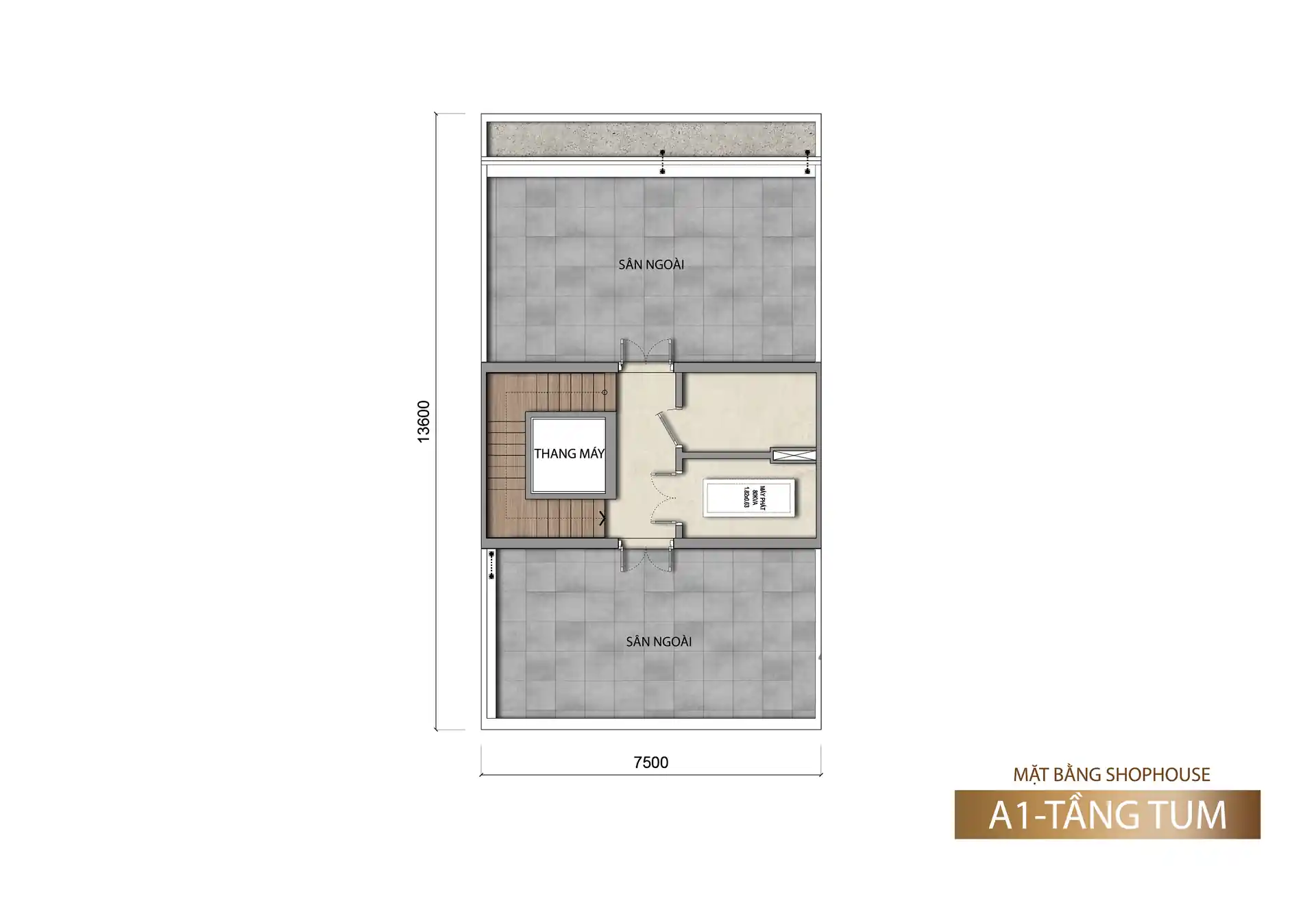 Mặt bằng tầng tum shophouse Sun Porto Town mẫu A1 127,5 m²