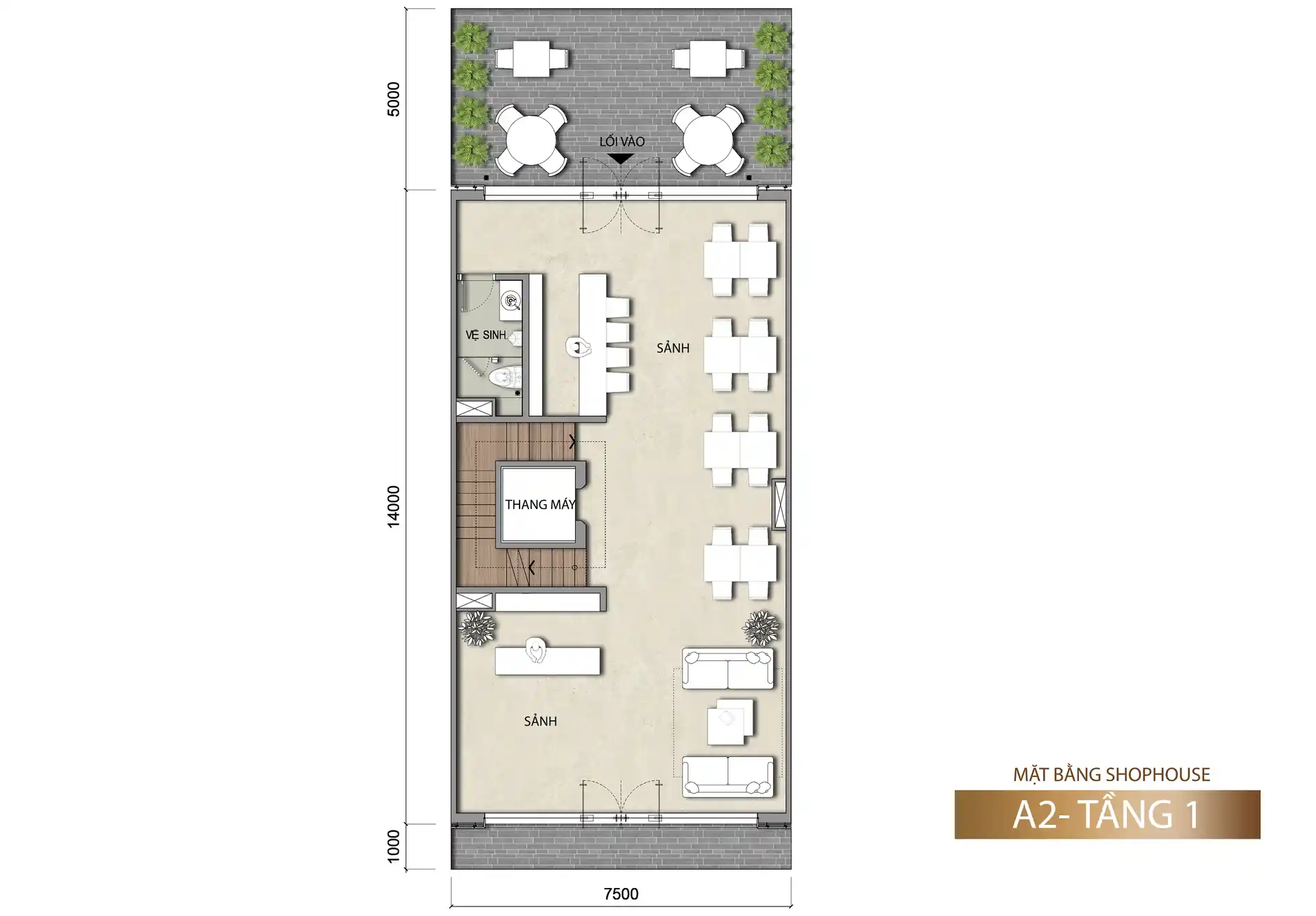 Mặt bằng tầng 1 shophouse Sun Porto Town mẫu A2 150 m²