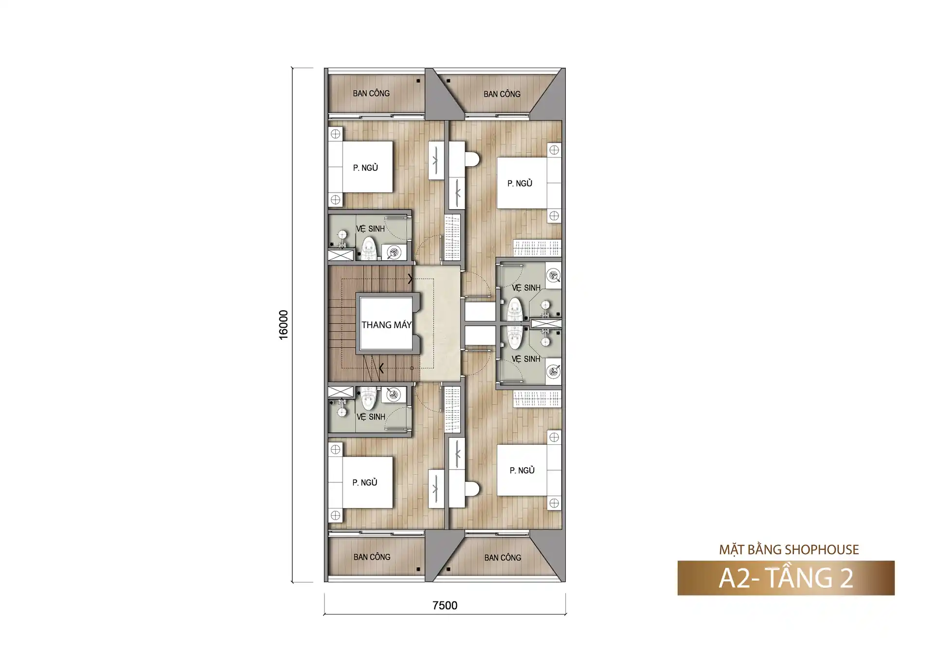 Mặt bằng tầng 2 shophouse Sun Porto Town mẫu A2 150 m²