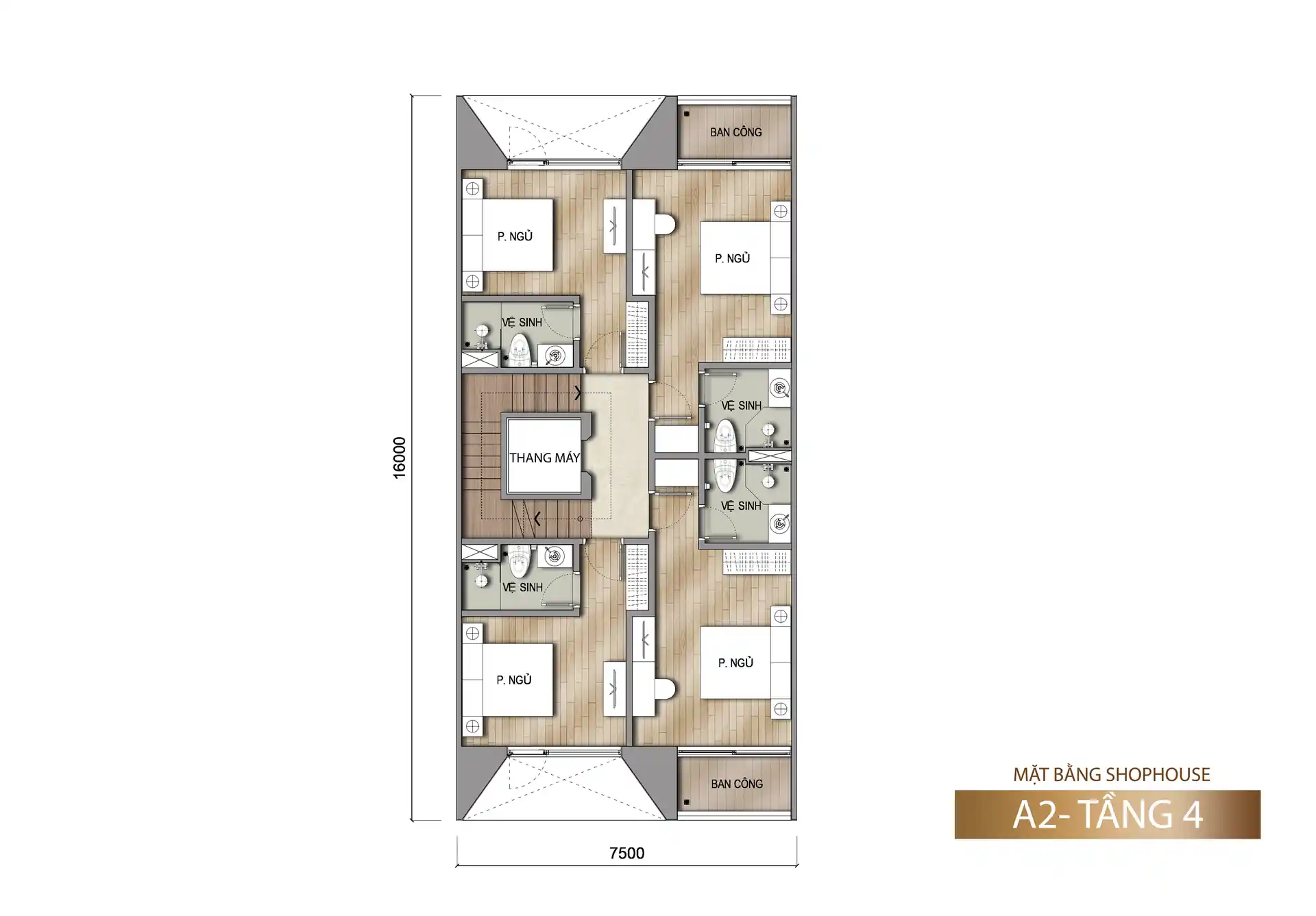 Mặt bằng tầng 4 shophouse Sun Porto Town mẫu A2 150 m²