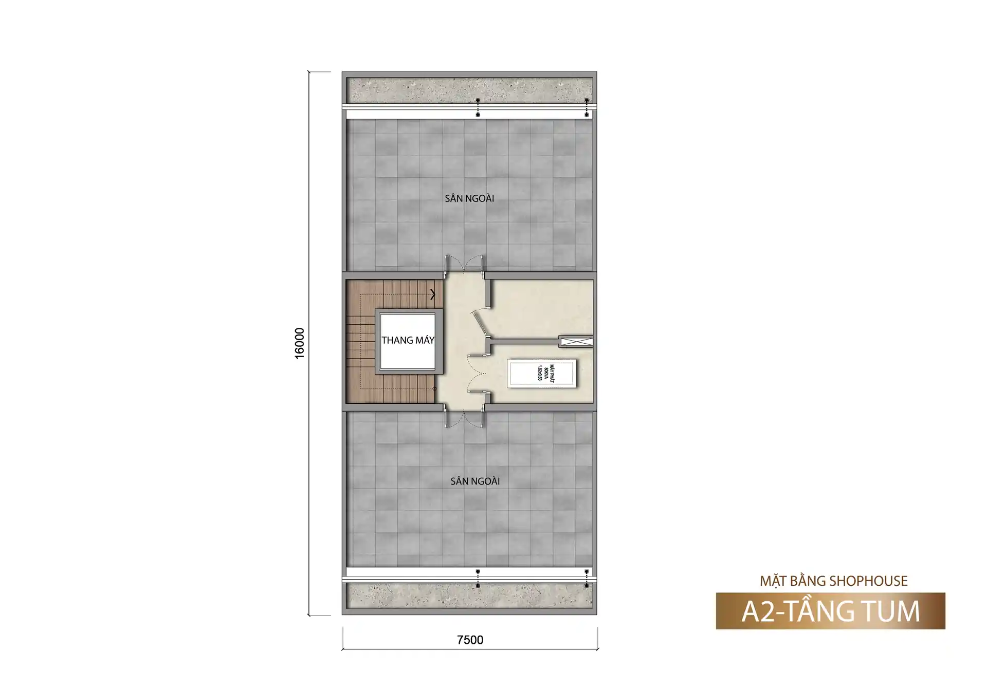 Mặt bằng tầng tum shophouse Sun Porto Town mẫu A2 150 m²