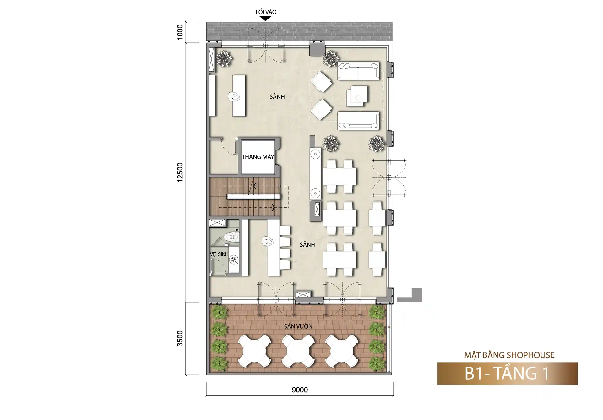 Mặt bằng tầng 1 shophouse Sun Porto Town mẫu B1 153 m²
