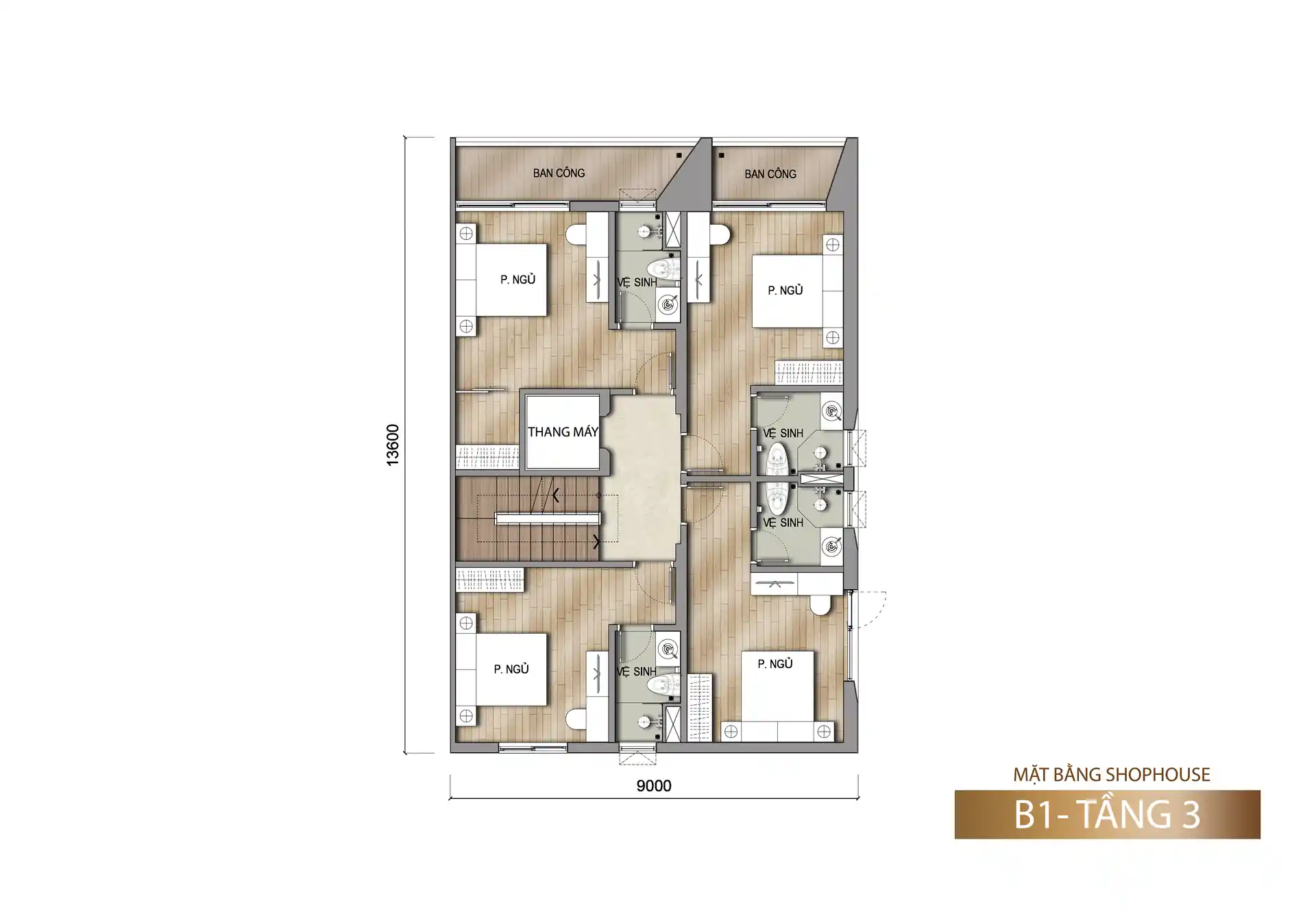 Mặt bằng tầng 3 shophouse Sun Porto Town mẫu B1 153 m²