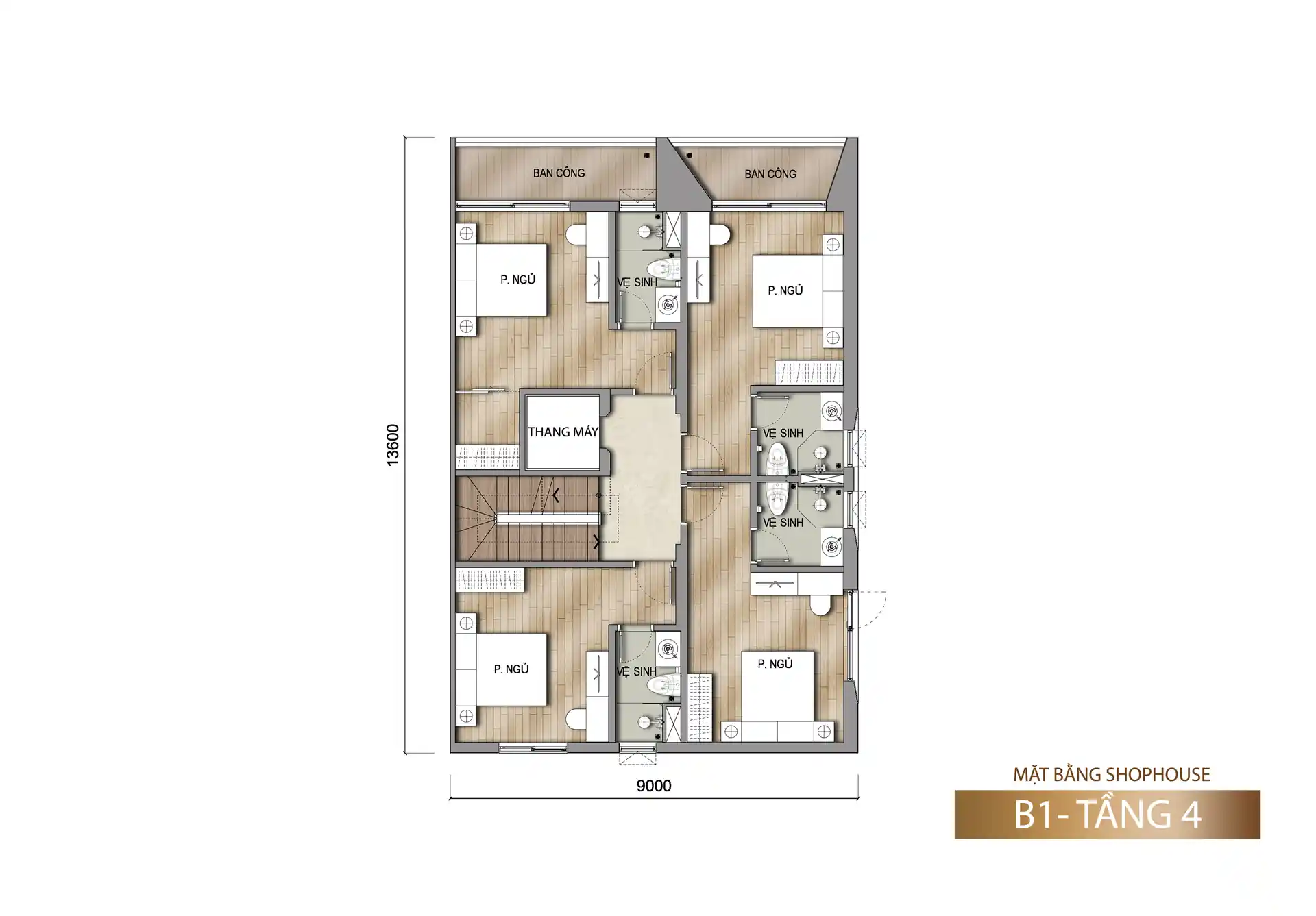 Mặt bằng tầng 4 shophouse Sun Porto Town mẫu B1 153 m²