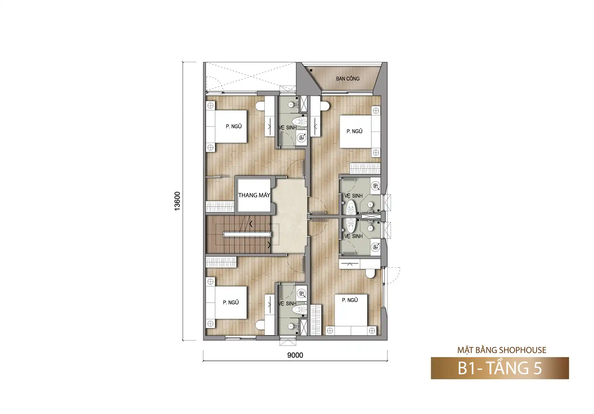 Mặt bằng tầng 5 shophouse Sun Porto Town mẫu B1 153 m²
