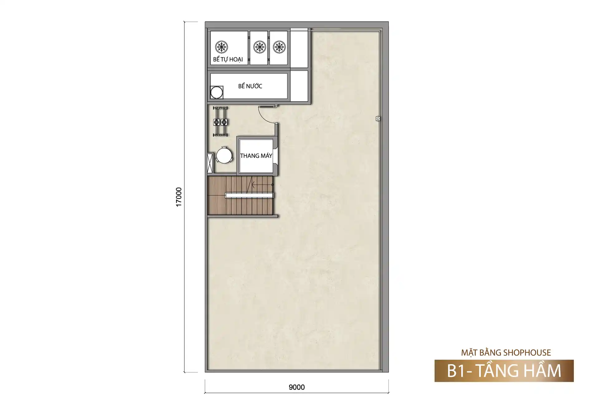 Mặt bằng tầng hầm shophouse Sun Porto Town mẫu B1 153 m²