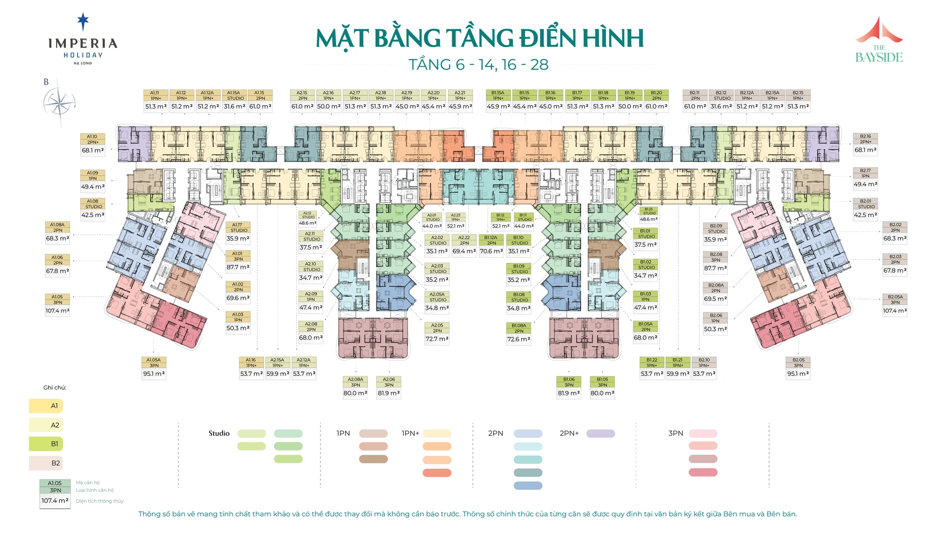 Mặt bằng tầng điển hình Imperia Holiday Hạ Long với 4 trục tòa A1 A2 B1 B2