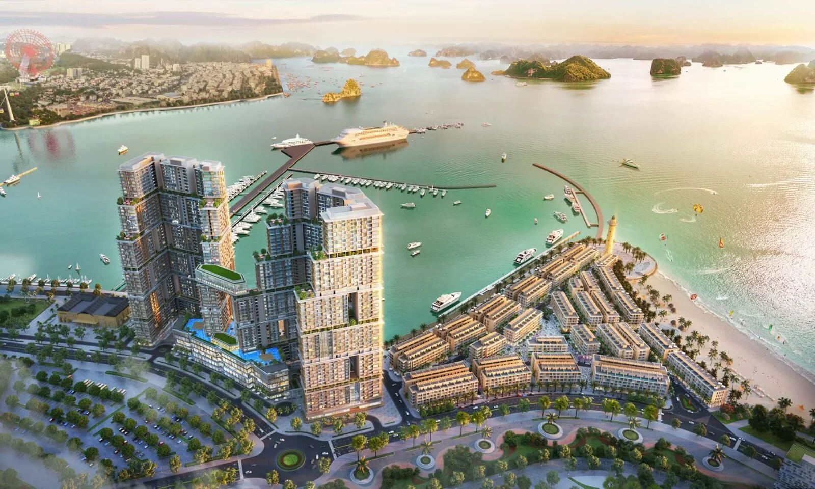 Các dãy nhà phố thương mại 5 tầng của Sun Group dọc mặt cảng và đường bao biển Kỳ Quan Phối cảnh shophouse Sun Porto Town Bãi Cháy bên cảng tàu khách quốc tế Hạ Long