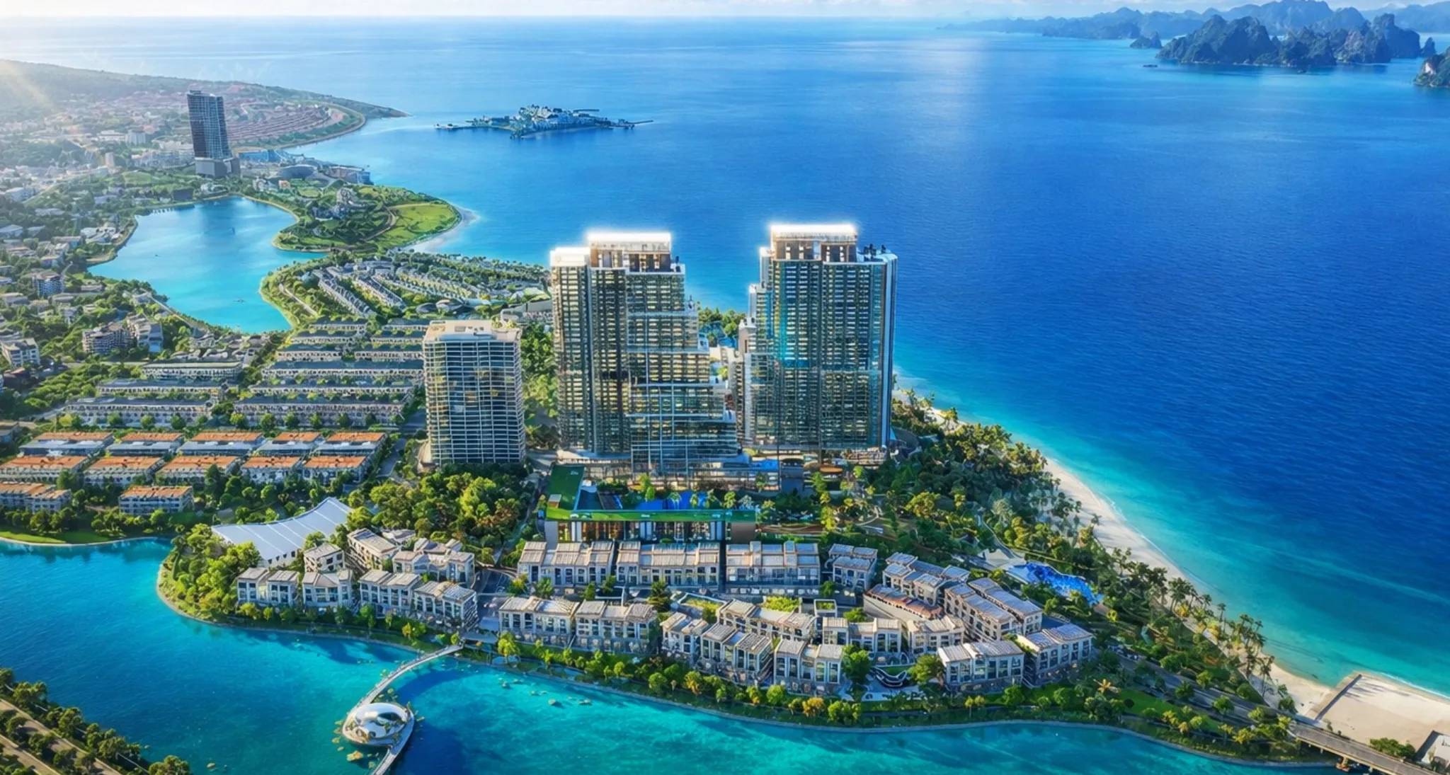 Phối cảnh hoàn thiện tháp đôi Aria Bay Hạ Long mặt biển Bãi Cháy