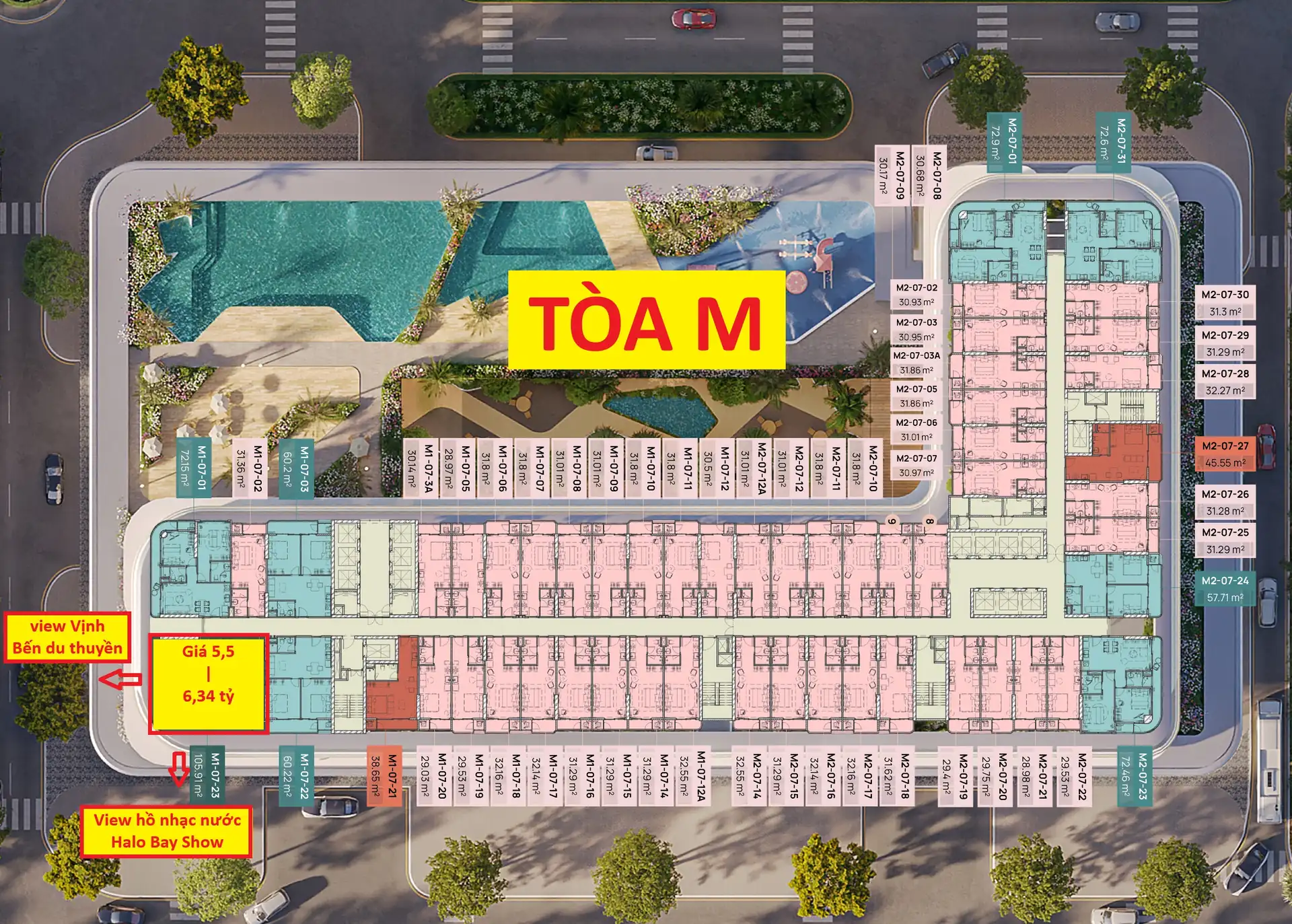 Vị trí căn hộ 3 phòng ngủ mã M1-23 trên mặt bằng tầng tòa M Prima Bay Hạ Long
