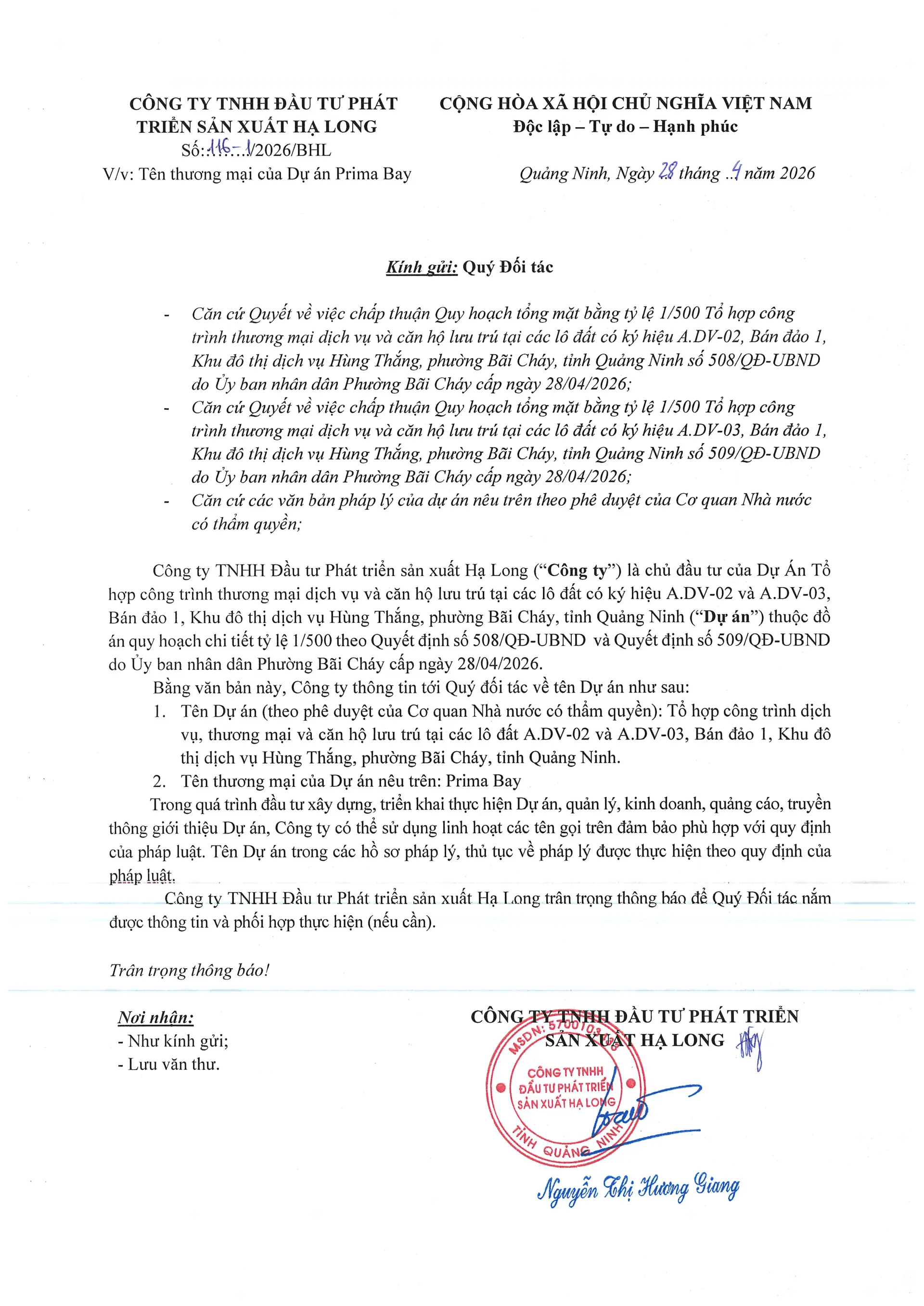 Văn bản chủ đầu tư thông báo tên thương mại của dự án tại lô A.DV-02 và A.DV-03 Bán đảo 1 là Prima Bay