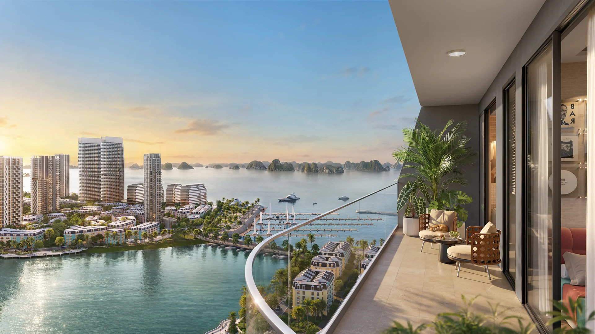 View hồ nhạc nước và bến du thuyền từ ban công căn hộ 2 phòng ngủ góc mã 23 tòa M2 Prima Bay Hạ Long