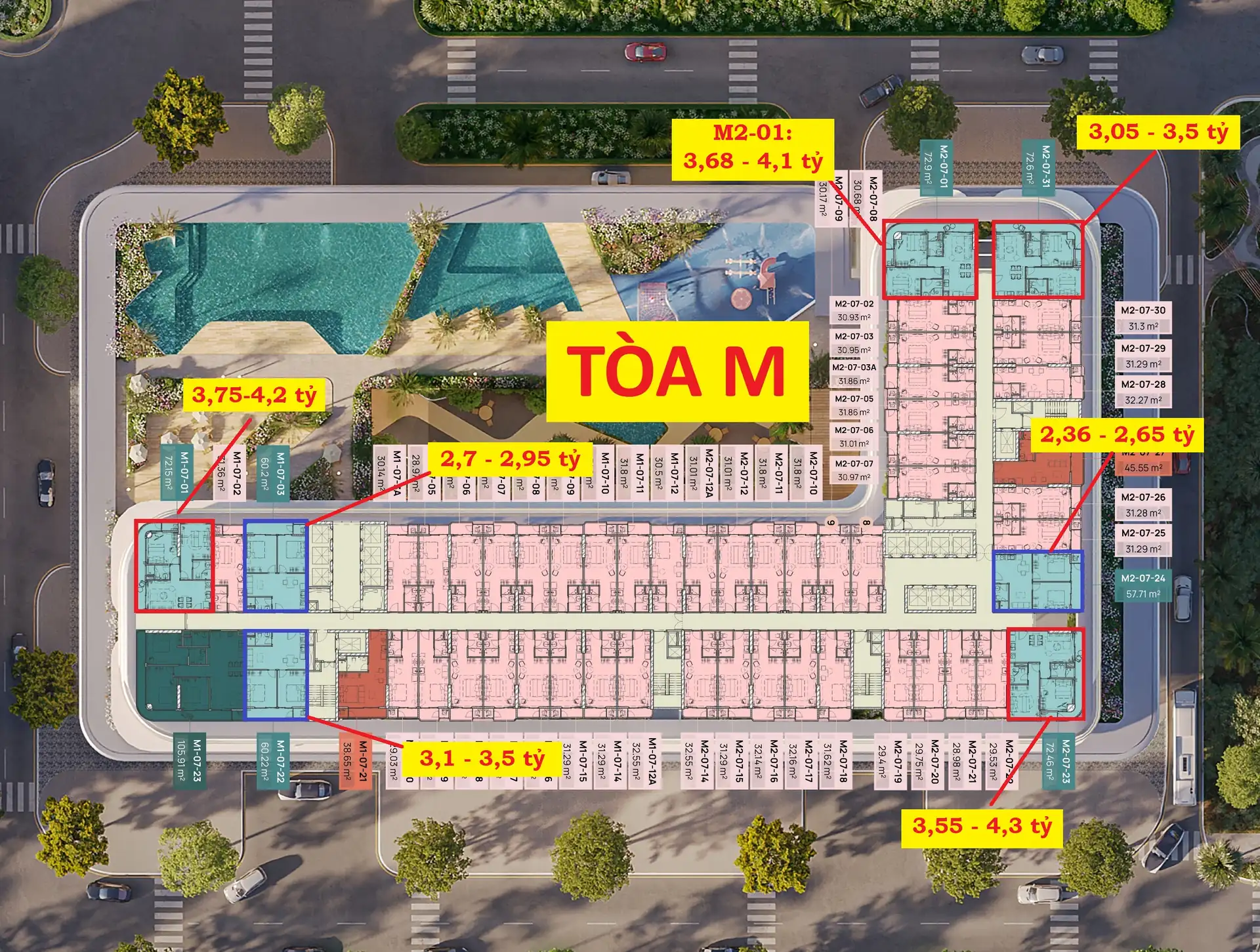 Mặt bằng đánh dấu vị trí loại căn hộ 2 phòng ngủ tòa M Prima Bay Hạ Long