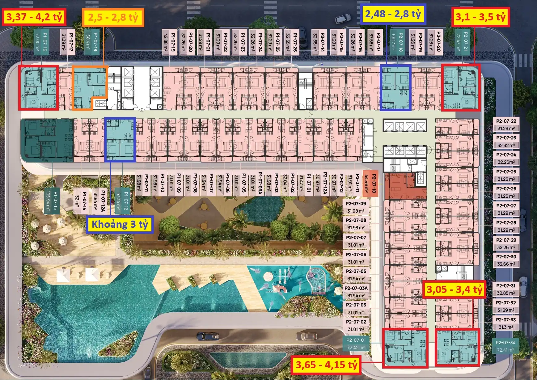 Mặt bằng đánh dấu vị trí và giá căn hộ 2 phòng ngủ tòa P Prima Bay Hạ Long