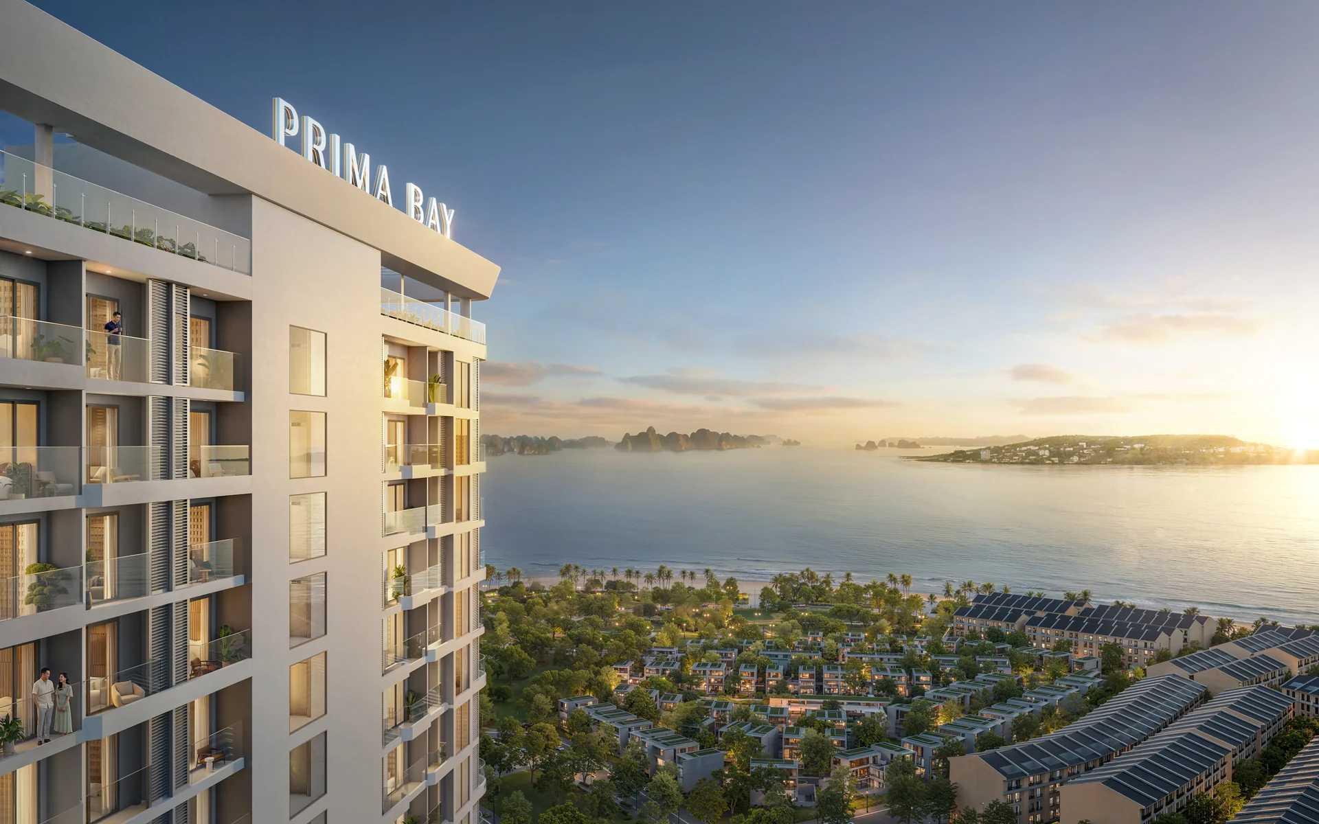 Phối cảnh tầm nhìn từ căn hộ Studio Prima Bay hướng Tây ra biển Tuần Châu và Vinhomes Global Gate Hạ Long