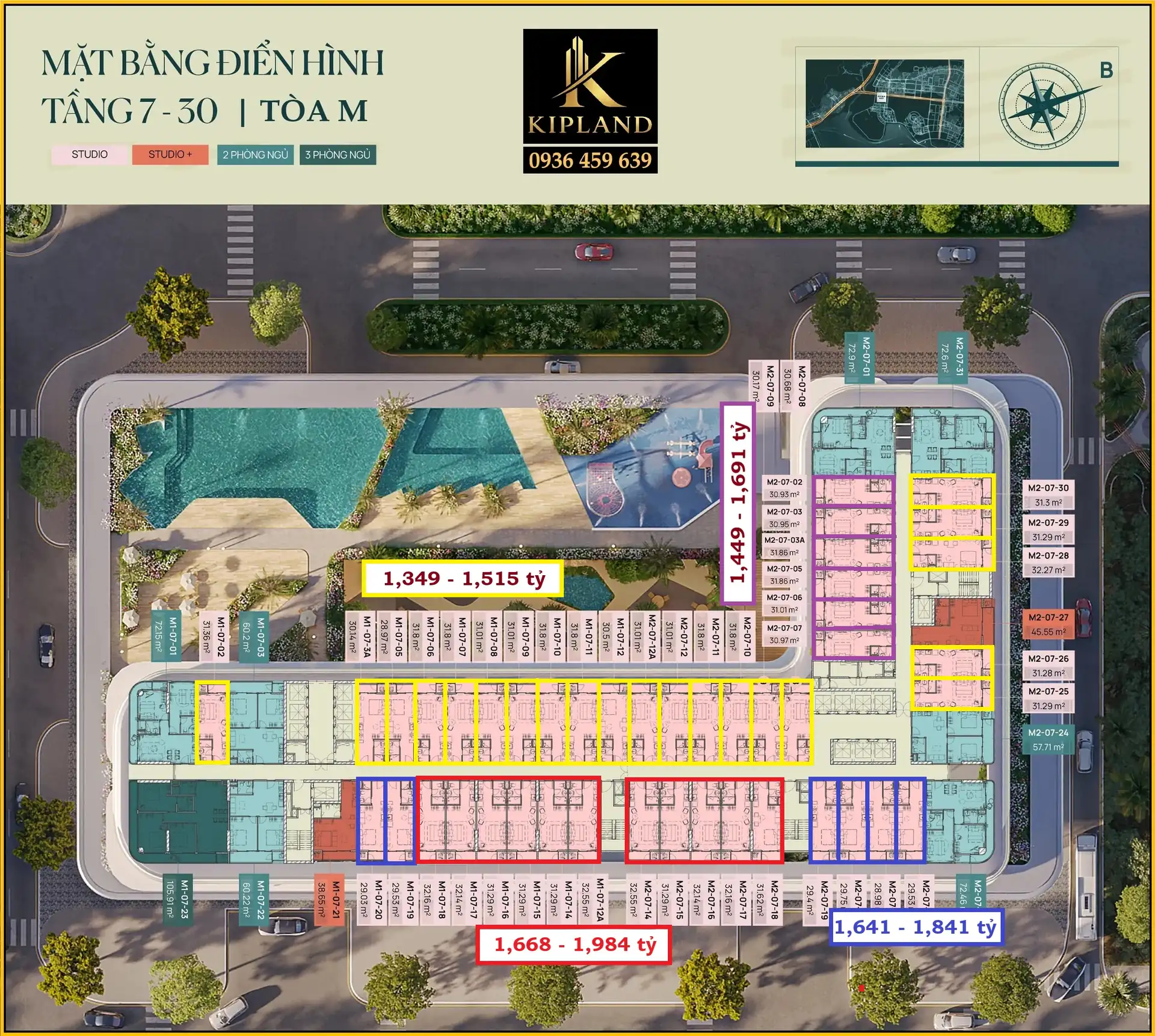 Mặt bằng phân loại khoảng giá và nhóm hướng view căn hộ Studio Prima Bay Hạ Long tòa M