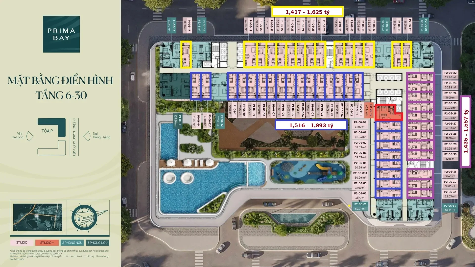 Mặt bằng phân loại khoảng giá và nhóm hướng view căn hộ Studio Prima Bay Hạ Long tòa P