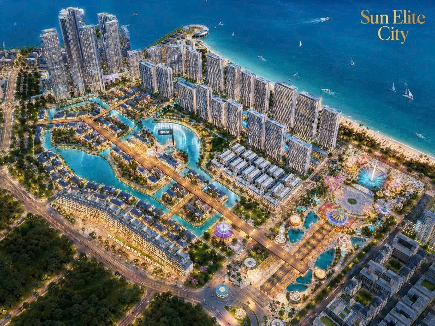 Công viên lễ hội Sun Festo Town Hạ Long nhìn từ hướng Tây Bắc với kênh dẫn nước và phố shophouse