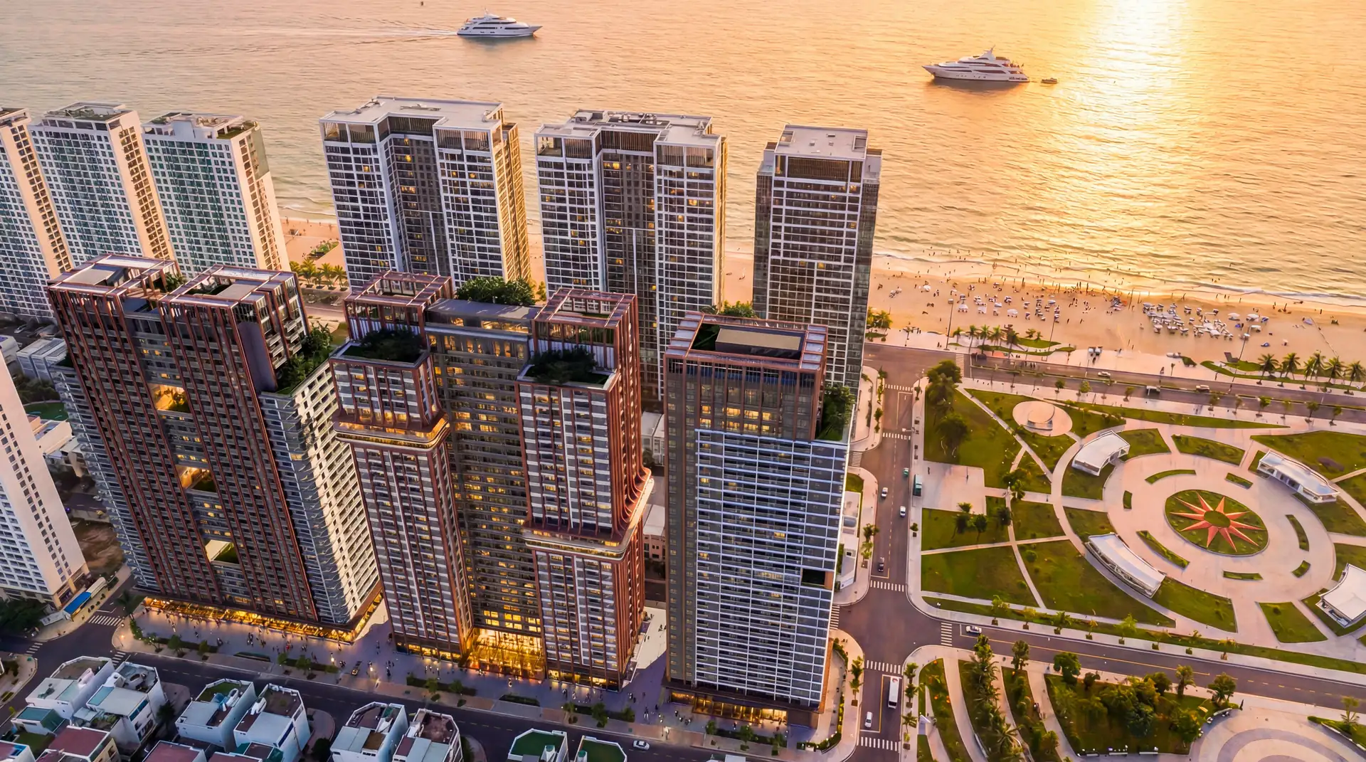 Kiến trúc giật cấp của tòa tháp Sun Festo Town Hạ Long mô phỏng tầng đảo đá vôi vịnh Hạ Long do AEDAS thiết kế