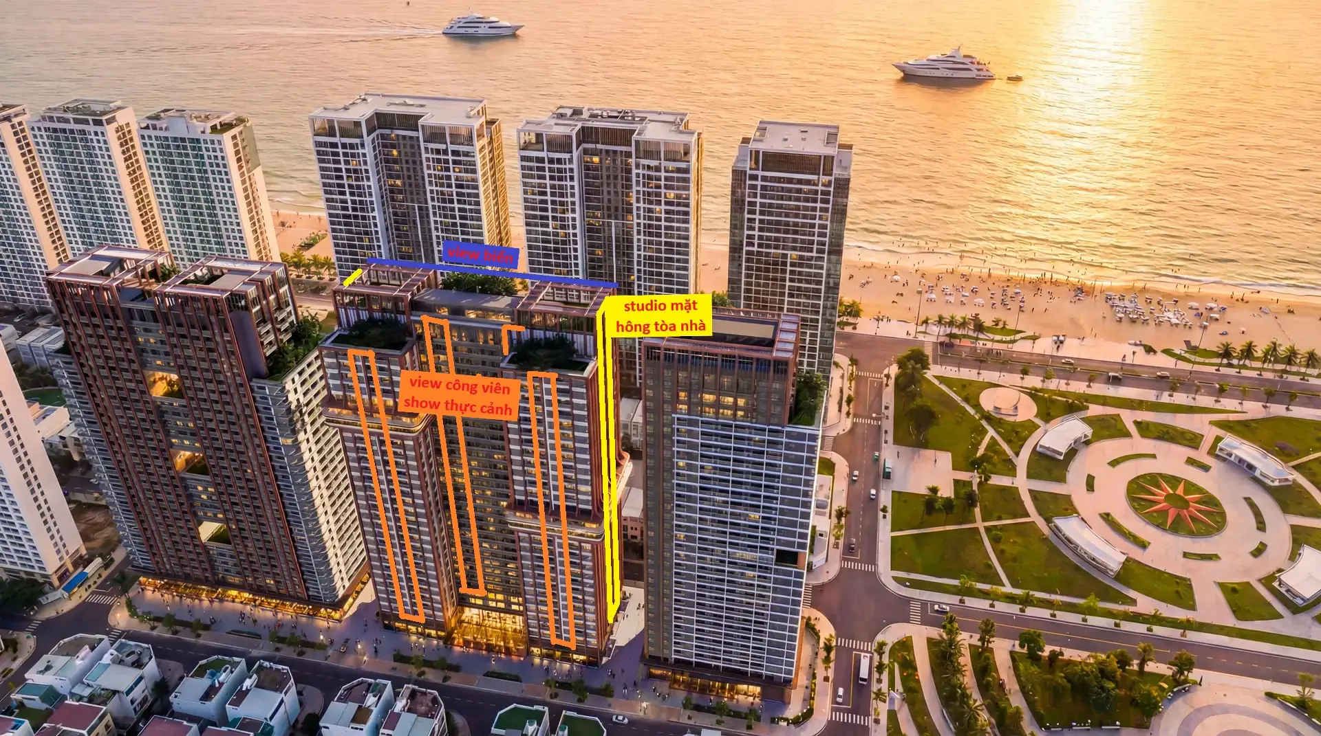 Sơ đồ phân nhóm căn studio Sun Festo Town Hạ Long theo hướng view trên khối kiến trúc giật cấp tòa F2