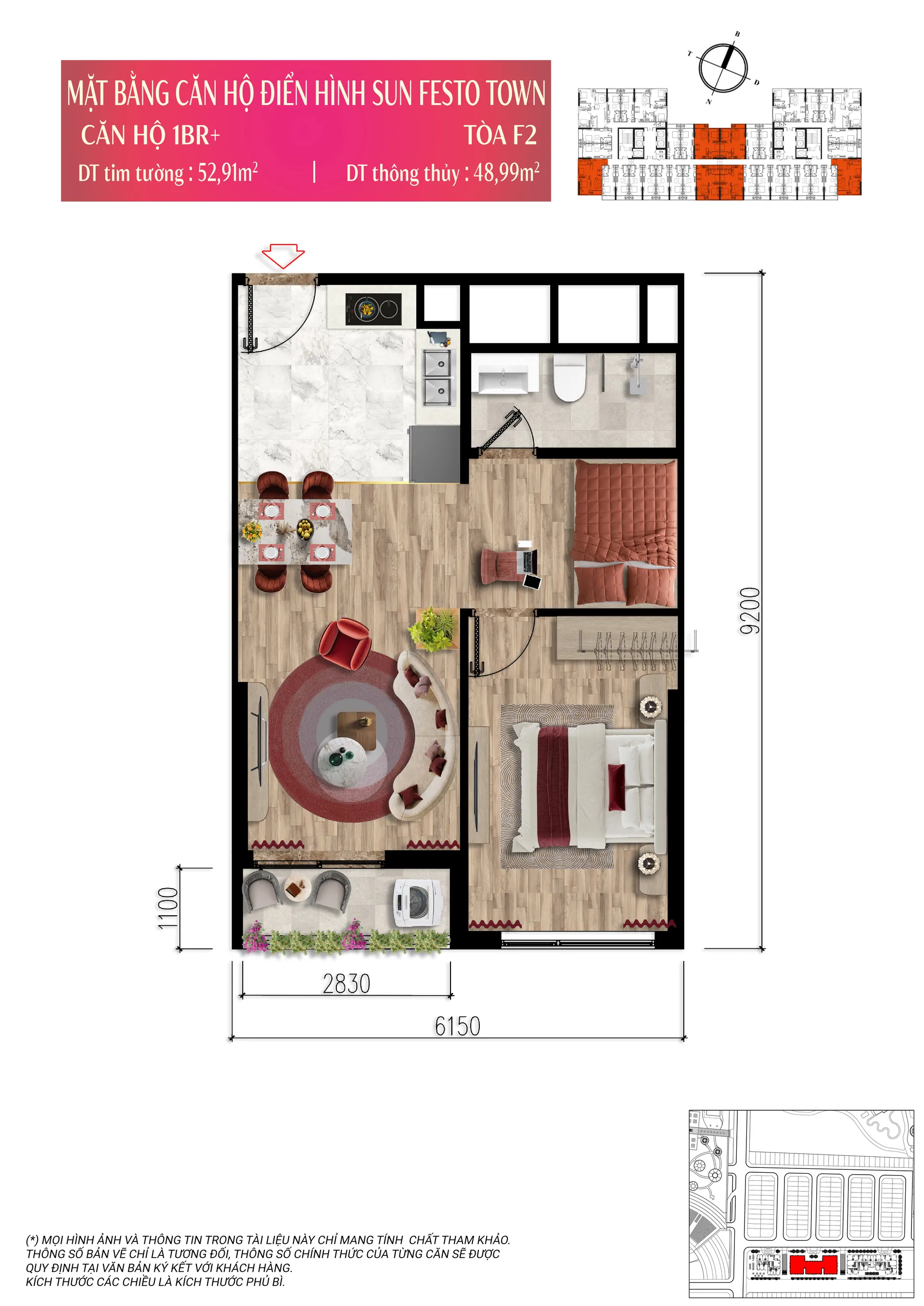 Layout căn hộ 1BR+ diện tích thông thủy khoảng 51m2 tòa F2 Sun Festo Town Hạ Long