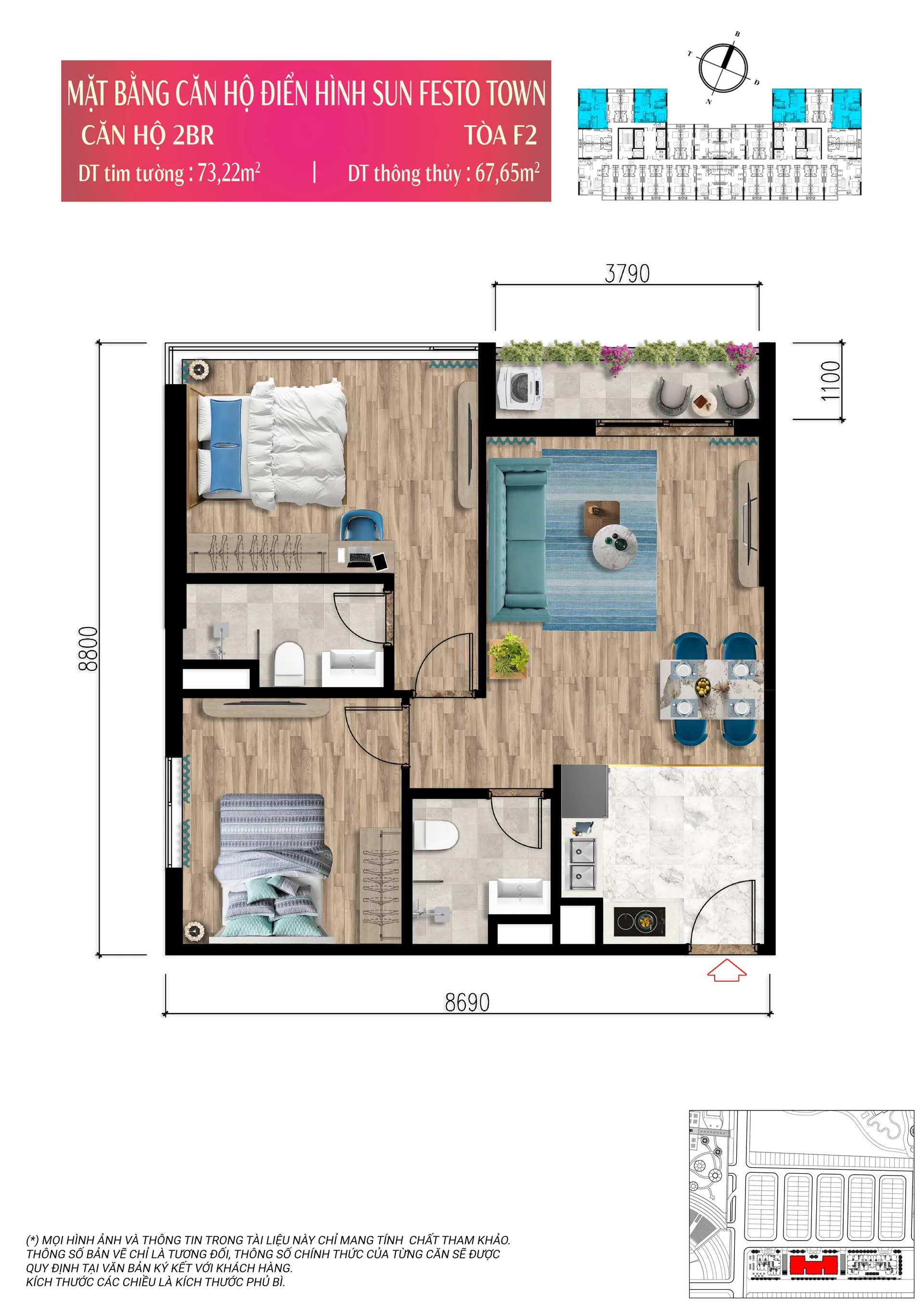 Layout căn hộ 2BR diện tích thông thủy khoảng 69m2 tòa F2 Sun Festo Town Hạ Long